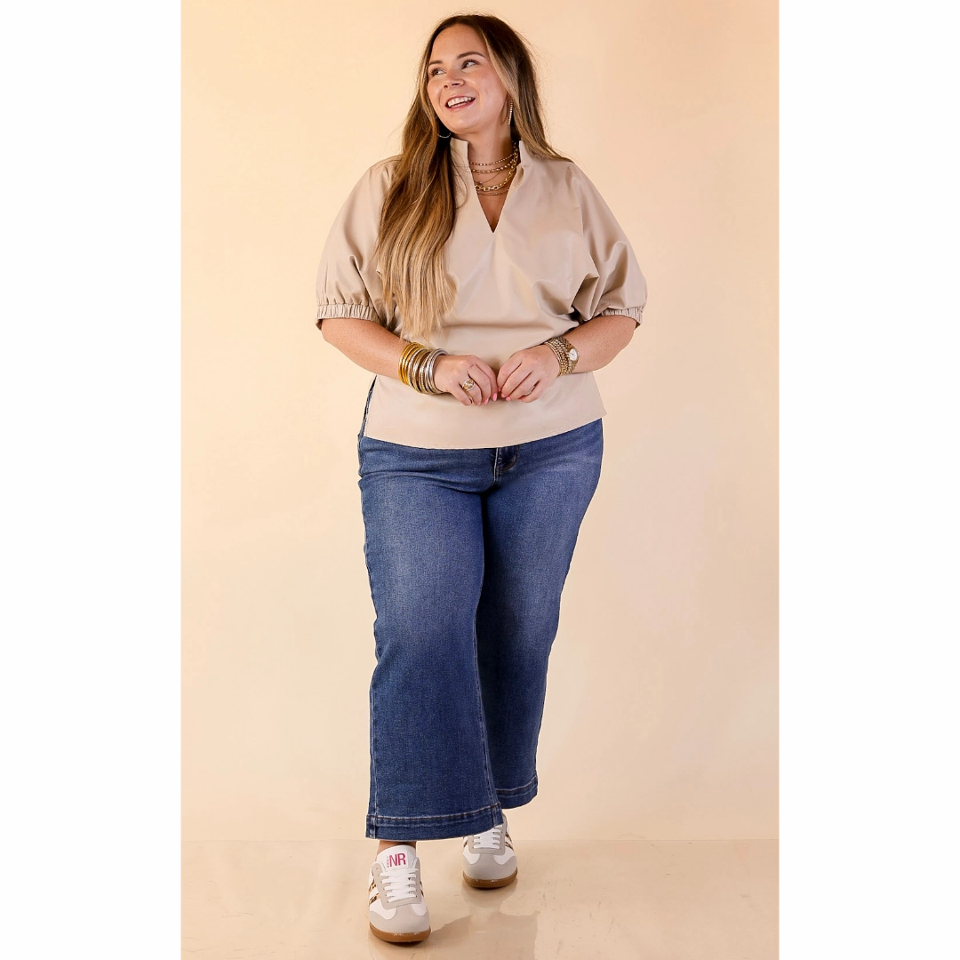 Performance Fabric Stylish Appearance Effortlessly Cool Faux Leather Top with Short Balloon Sleeves in Ivory