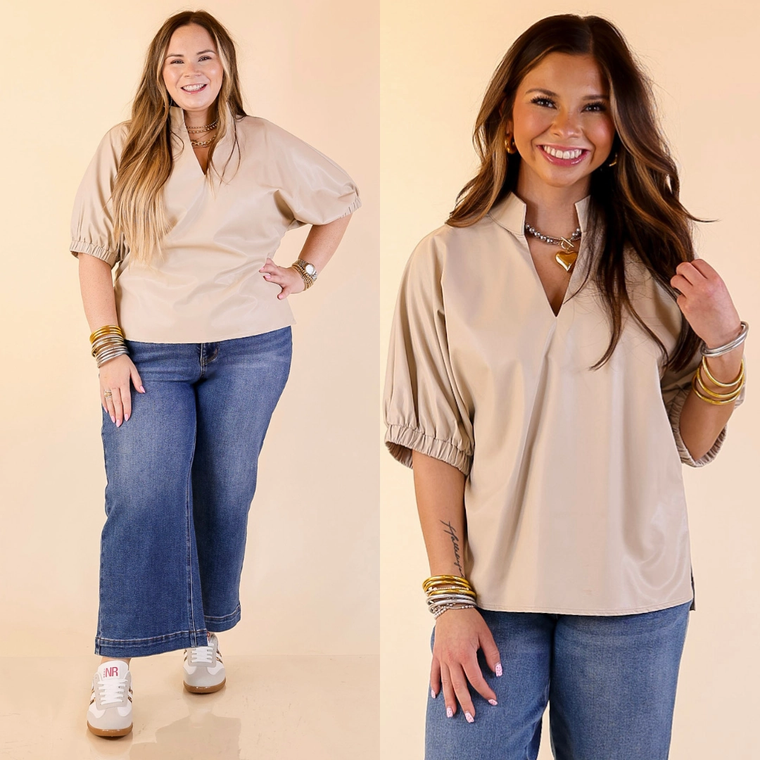 Effortlessly Cool Faux Leather Top with Short Balloon Sleeves in Ivory CompressionFit