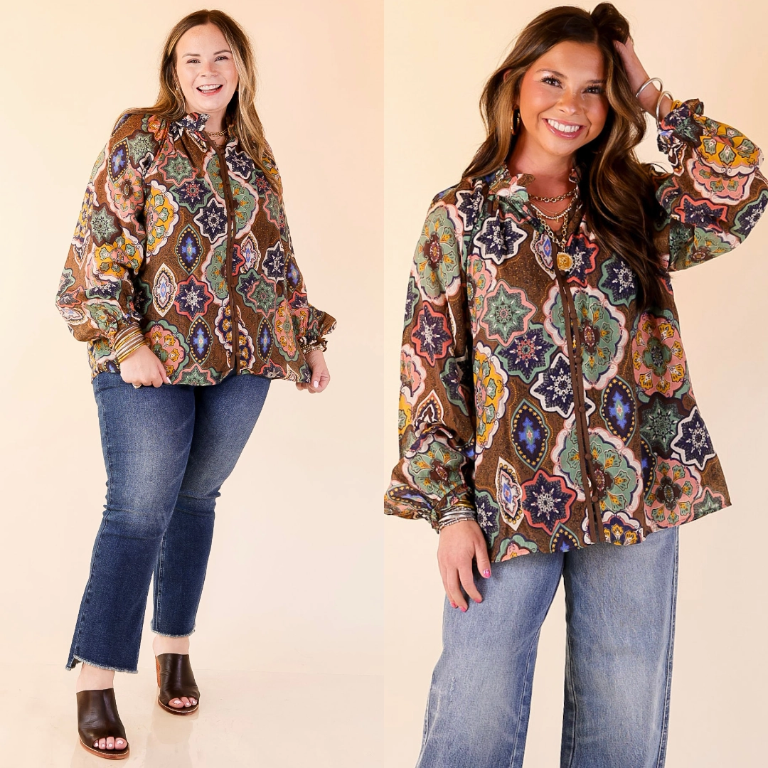 Mosaic Muse Boho Mosaic Print Long Balloon Sleeve Blouse in Brown, Pink, Navy and Cream UV Protective Coating