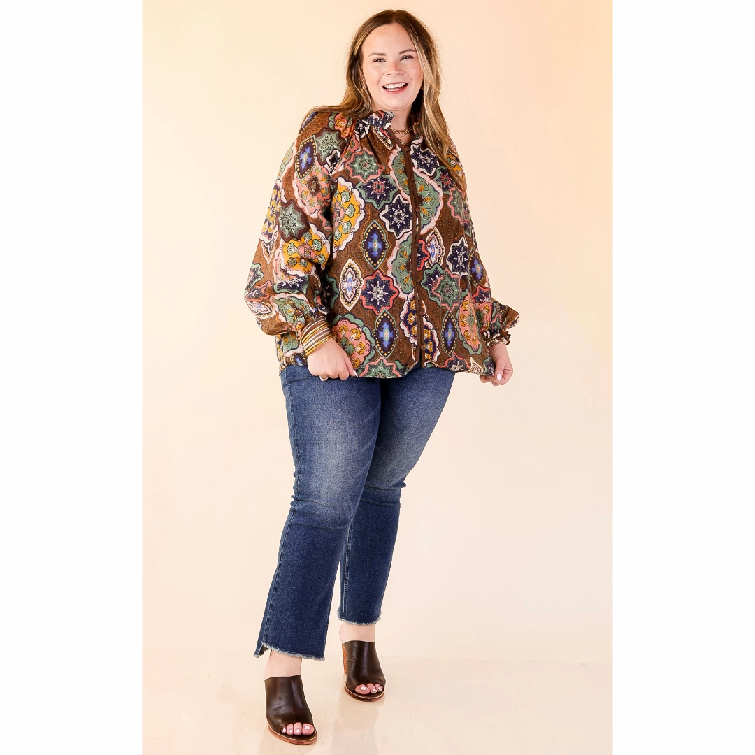 Sporty Style Breathable Lining Mosaic Muse Boho Mosaic Print Long Balloon Sleeve Blouse in Brown, Pink, Navy and Cream