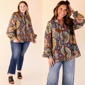 Mosaic Muse Boho Mosaic Print Long Balloon Sleeve Blouse in Brown, Pink, Navy and Cream UV Protective Coating