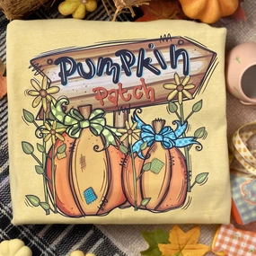 Online Exclusive | Pumpkin Patch Graphic on Short Sleeve Comfort Color Tee in Mustard yellow Soft Comfort Wear