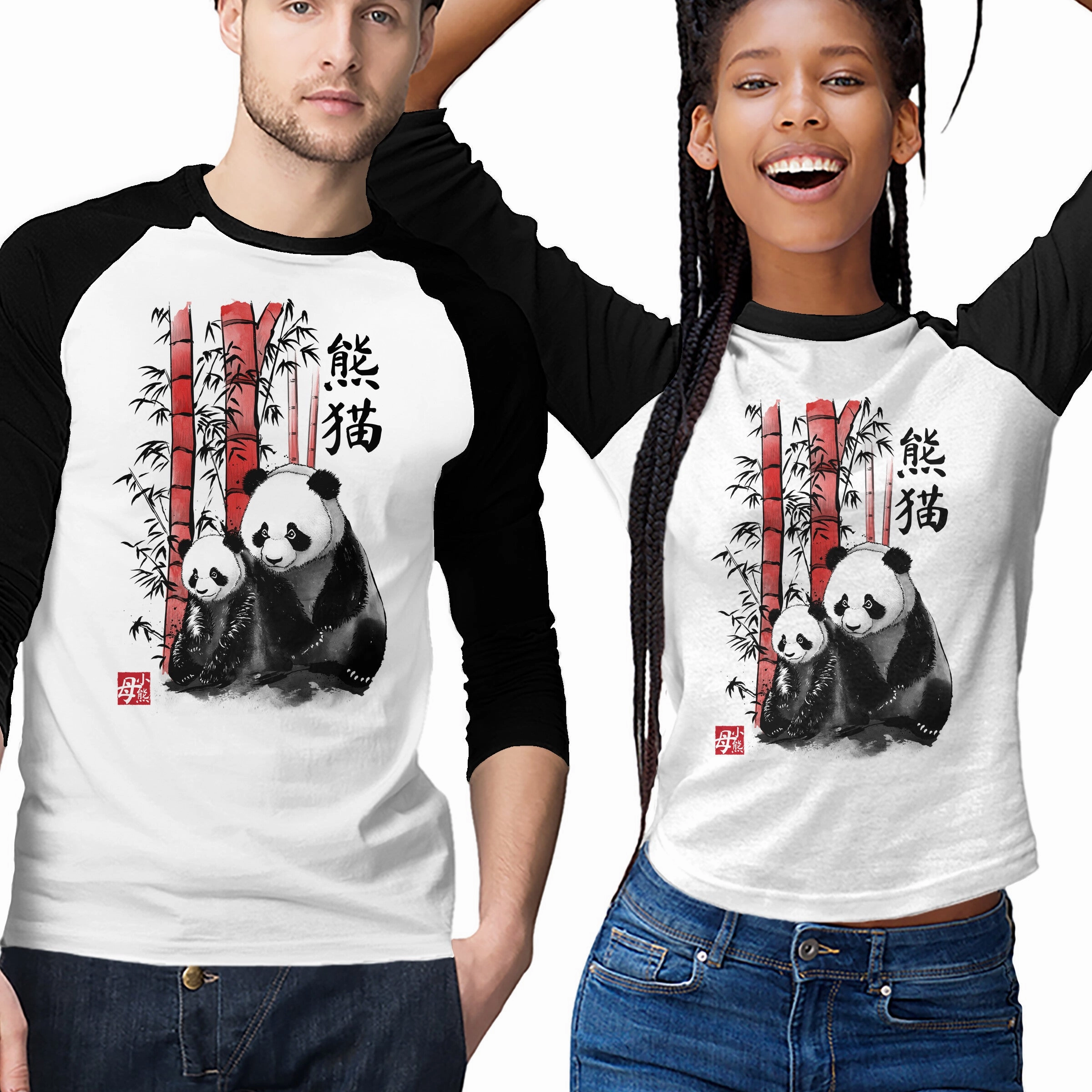 Minimalist Style UV protected Panda And Cub Sumi-e