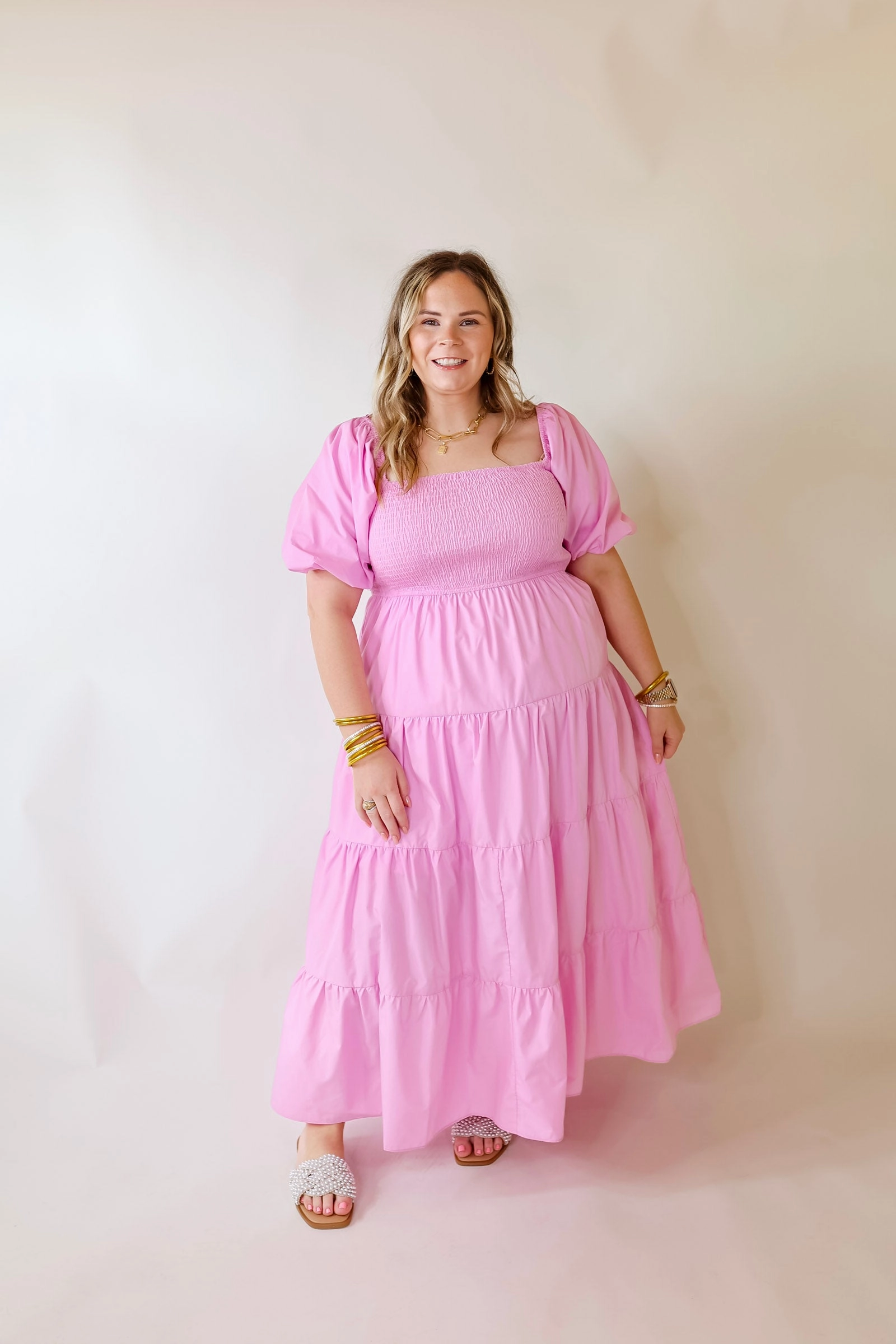 Trendy Fashion Santorini Sunshine Short Balloon Sleeve Maxi Dress in Light Pink