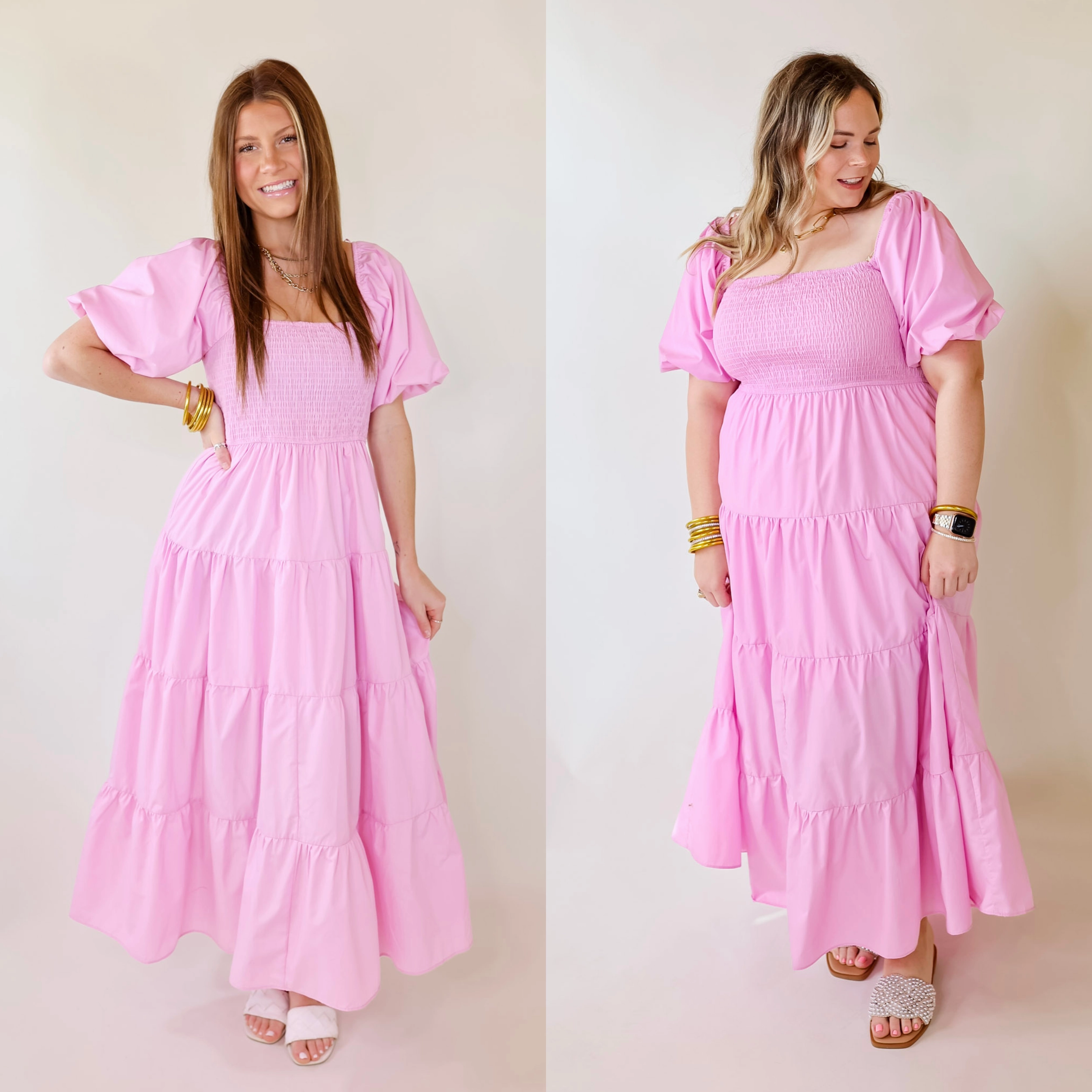 Santorini Sunshine Short Balloon Sleeve Maxi Dress in Light Pink Satin-Sleeve Slim Shape