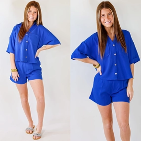 Casual Chic Last Chance Size Medium | Time To Go Waffle Weave Button Up Top in Royal Blue