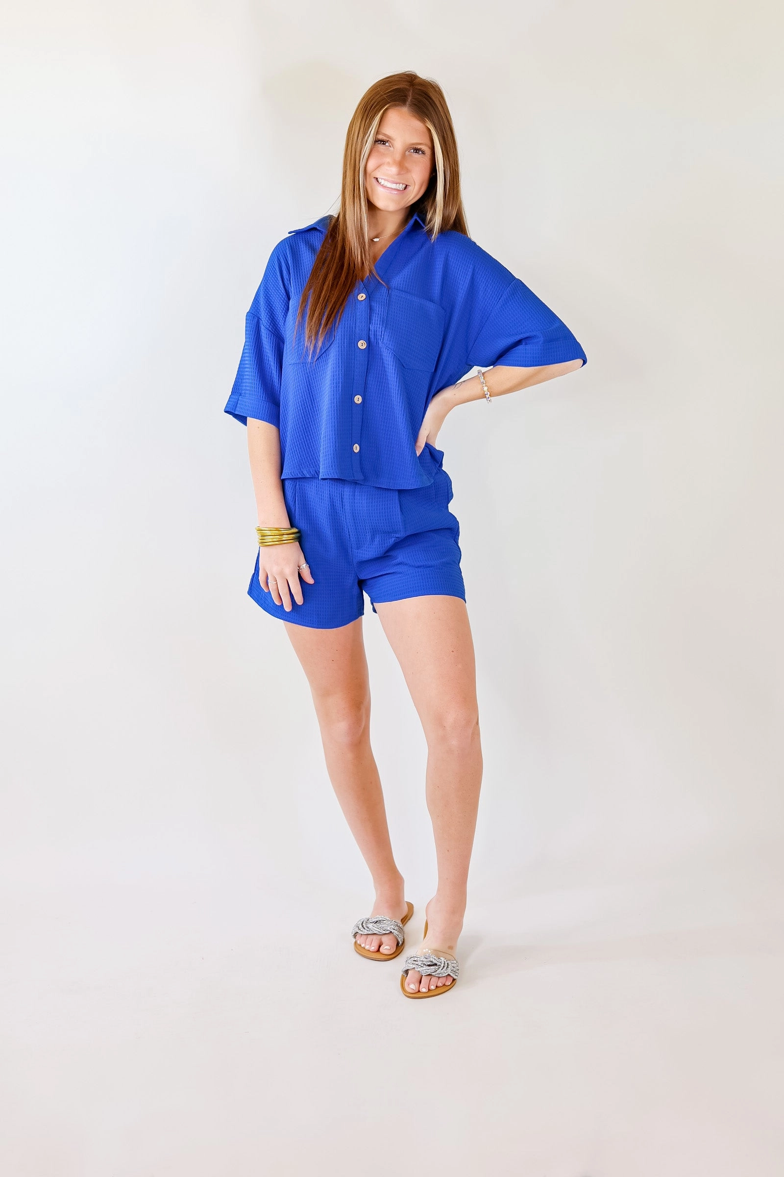 Last Chance Size Medium | Time To Go Waffle Weave Button Up Top in Royal Blue Smart Design