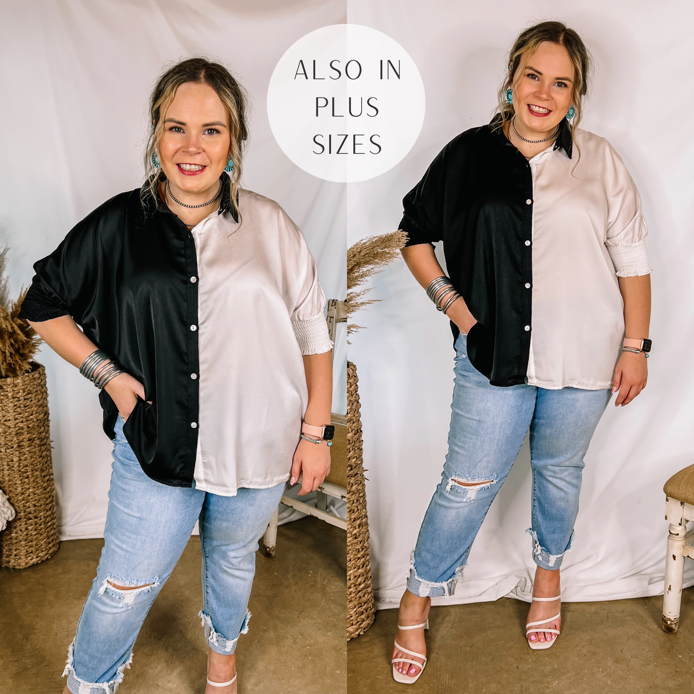 Major Glow Satin Smocked 3/4 Sleeve Button Up Blouse in Black and White Outdoor Apparel