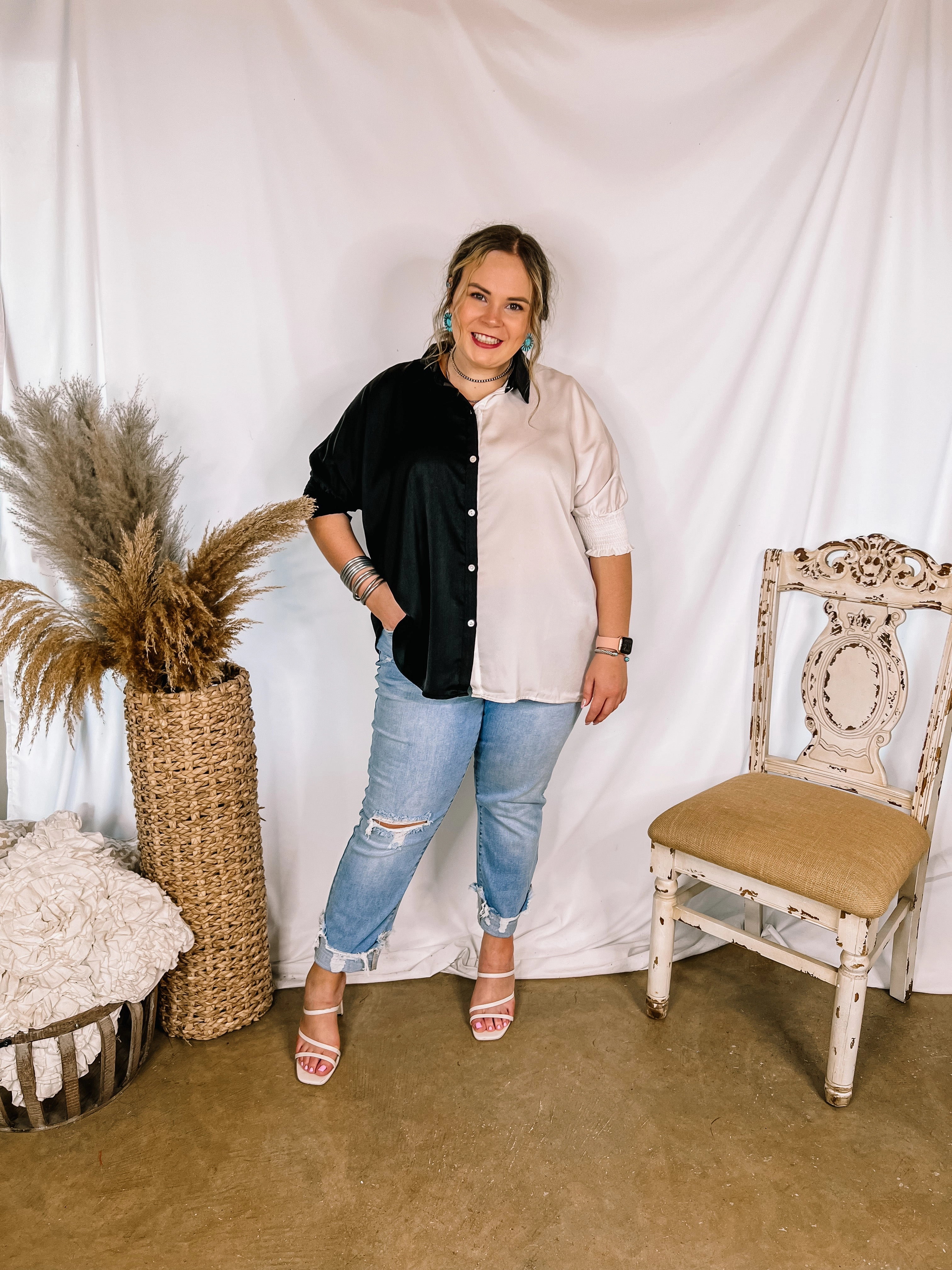 Major Glow Satin Smocked 3/4 Sleeve Button Up Blouse in Black and White DurableBlend ChafeFree Design