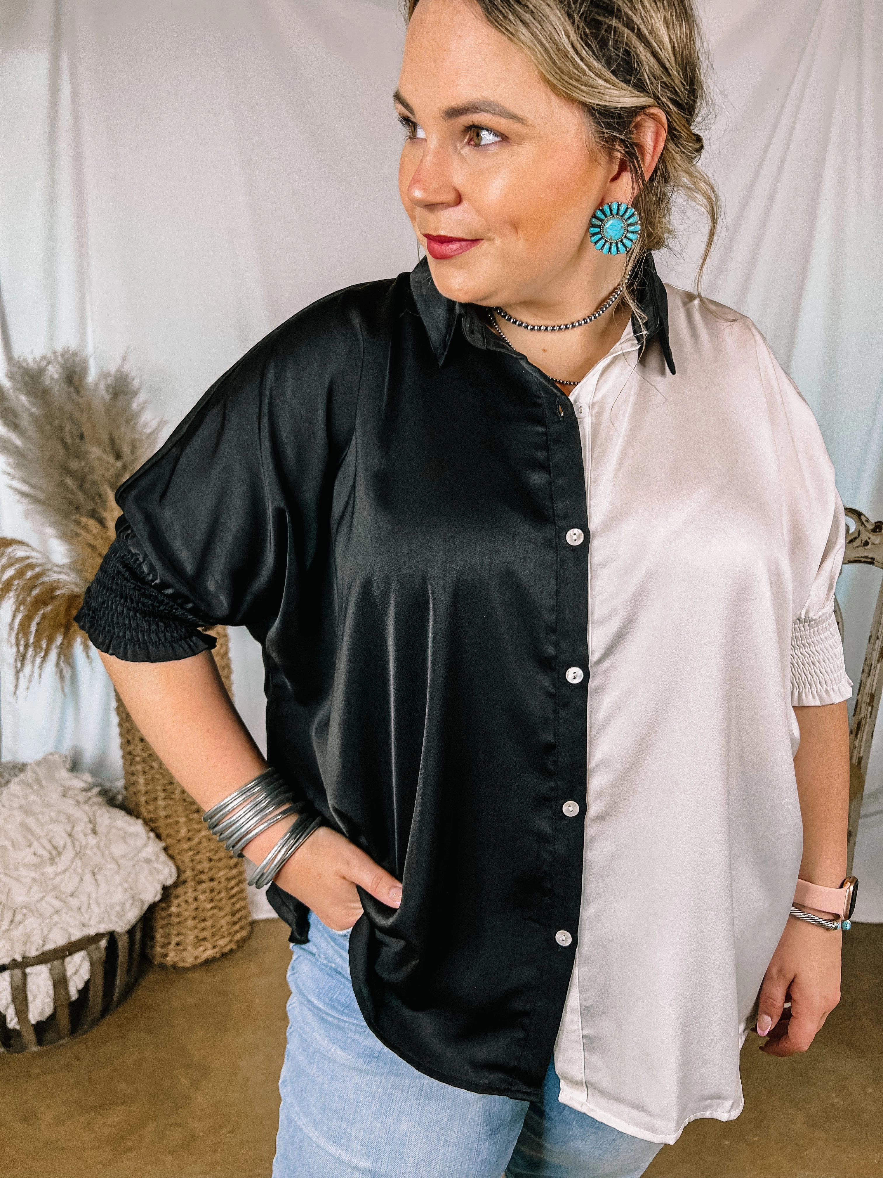 Calm Ease Major Glow Satin Smocked 3/4 Sleeve Button Up Blouse in Black and White