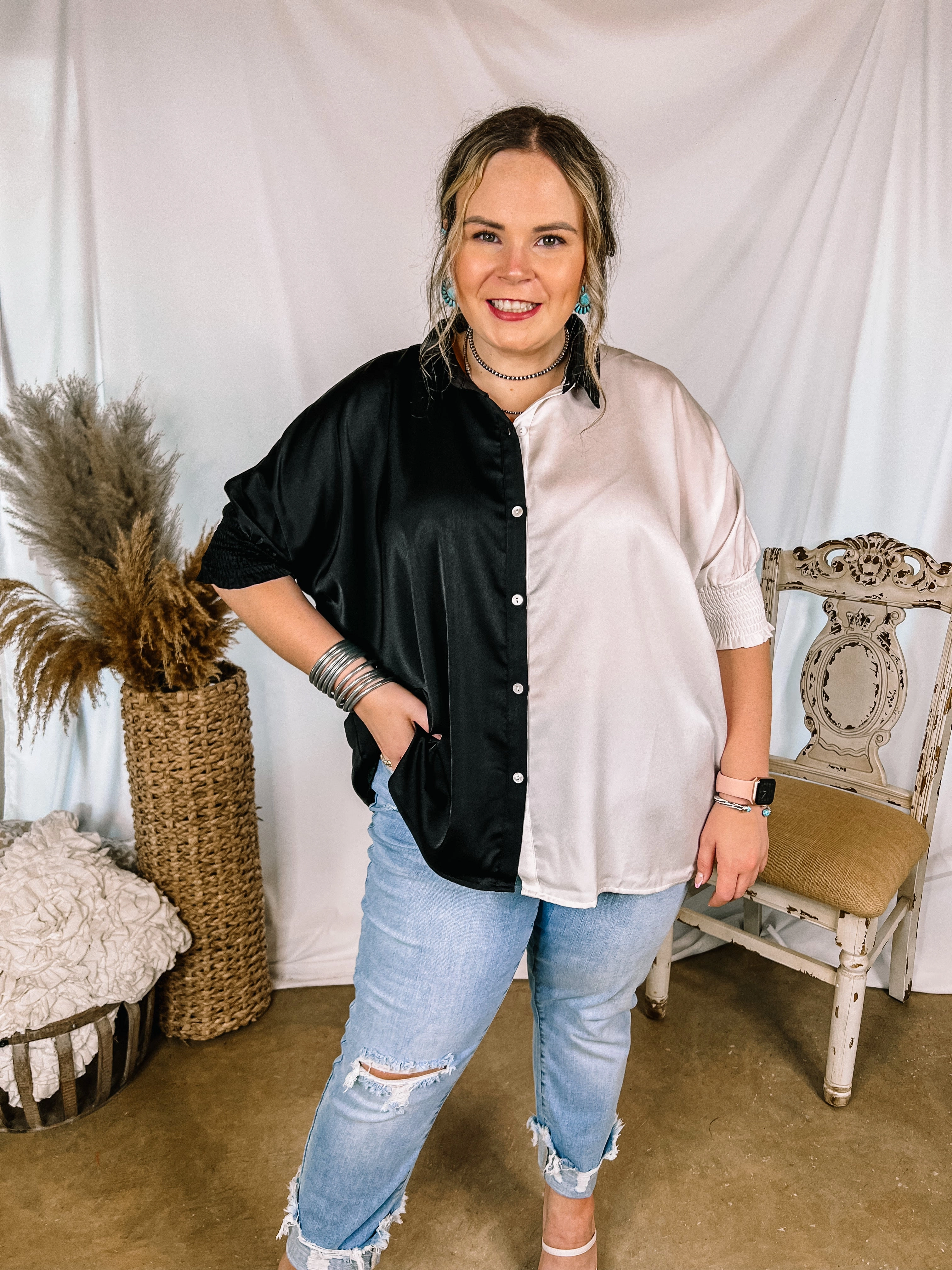 Clear Mind Holiday Glow Major Glow Satin Smocked 3/4 Sleeve Button Up Blouse in Black and White