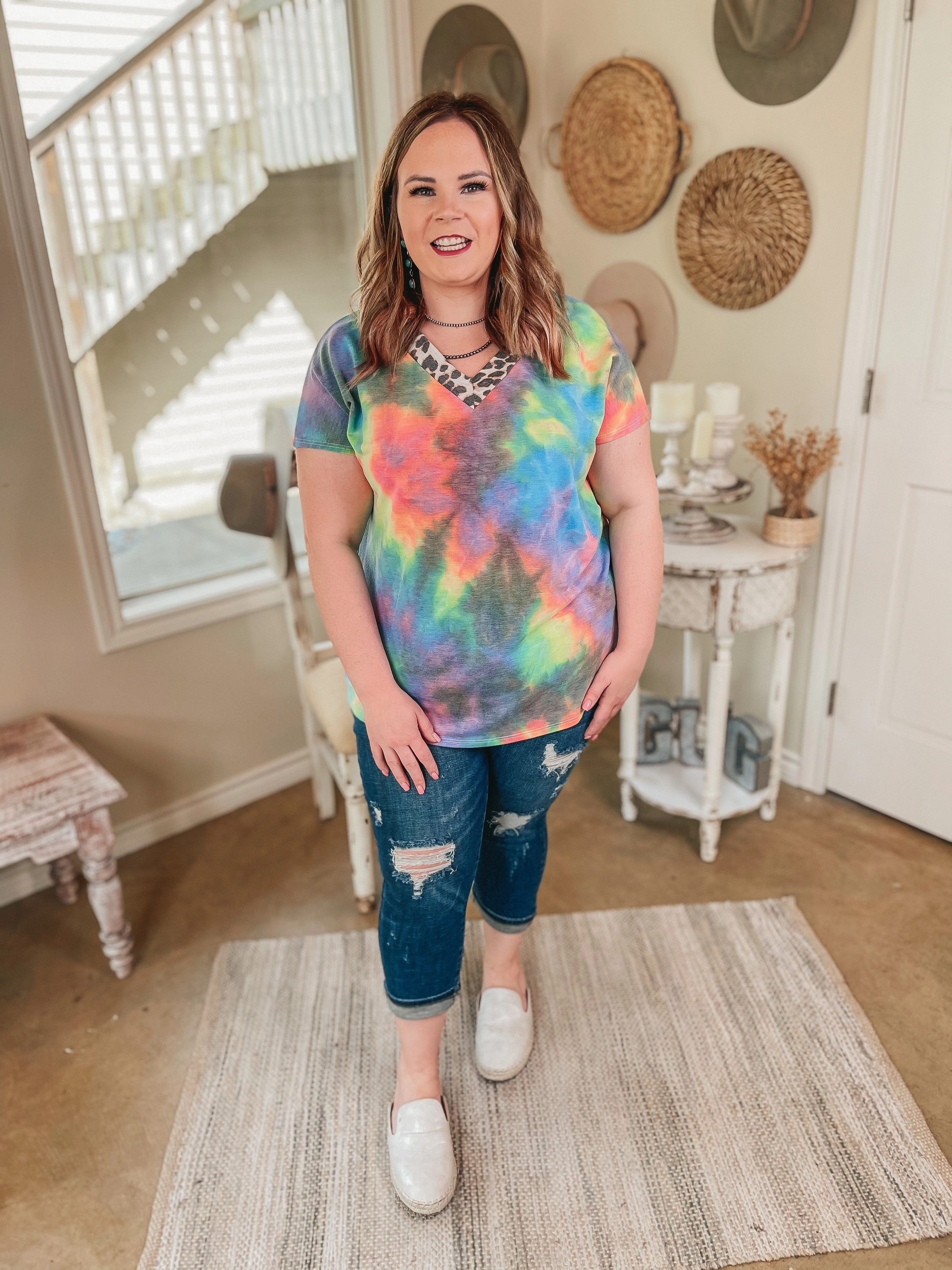 Holiday Glow Athletic Apparel Levels of My Heart Leopard Trim V Neck Top in Multi Color Tie Dye