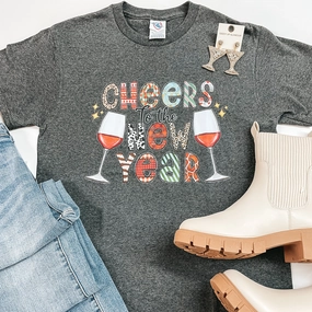 Cheers To The New Year Short Sleeve Graphic Tee in Charcoal Grey HighCollar Style Cozy Pajama Pants