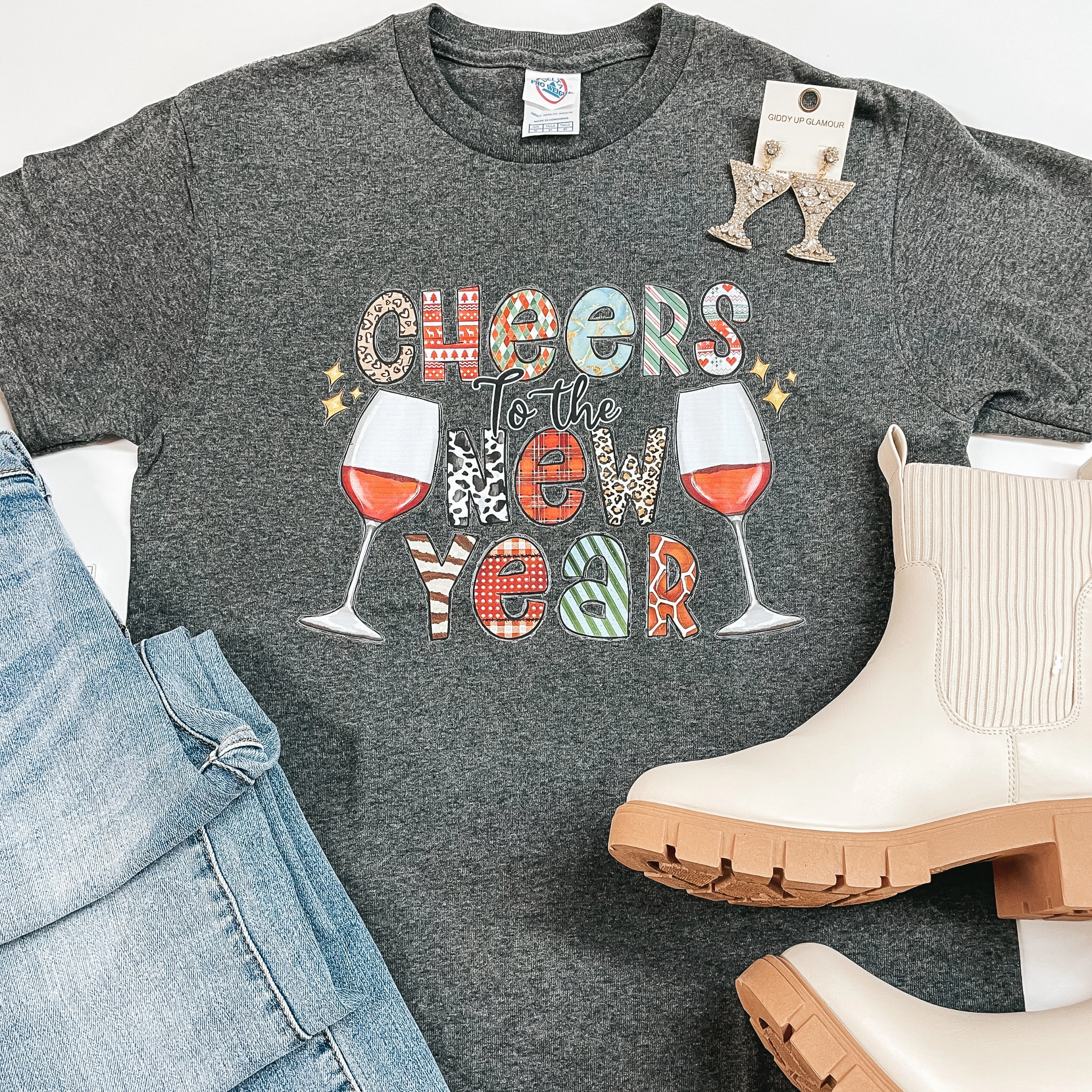 Cheers To The New Year Short Sleeve Graphic Tee in Charcoal Grey HighCollar Style Cozy Pajama Pants