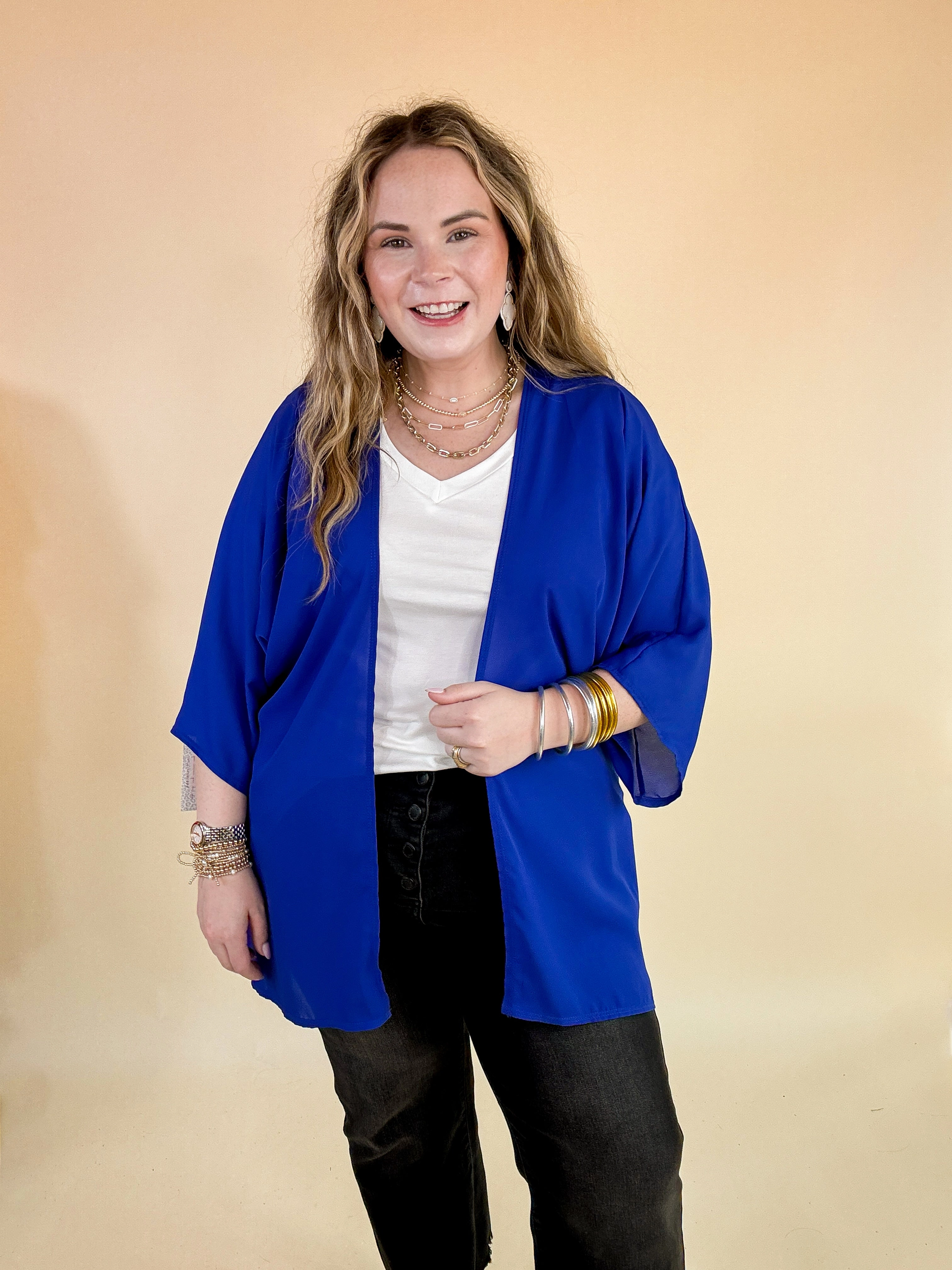 SplitHemDesign Last Chance Size Small | Like a Melody Solid Sheer Kimono in Royal Blue