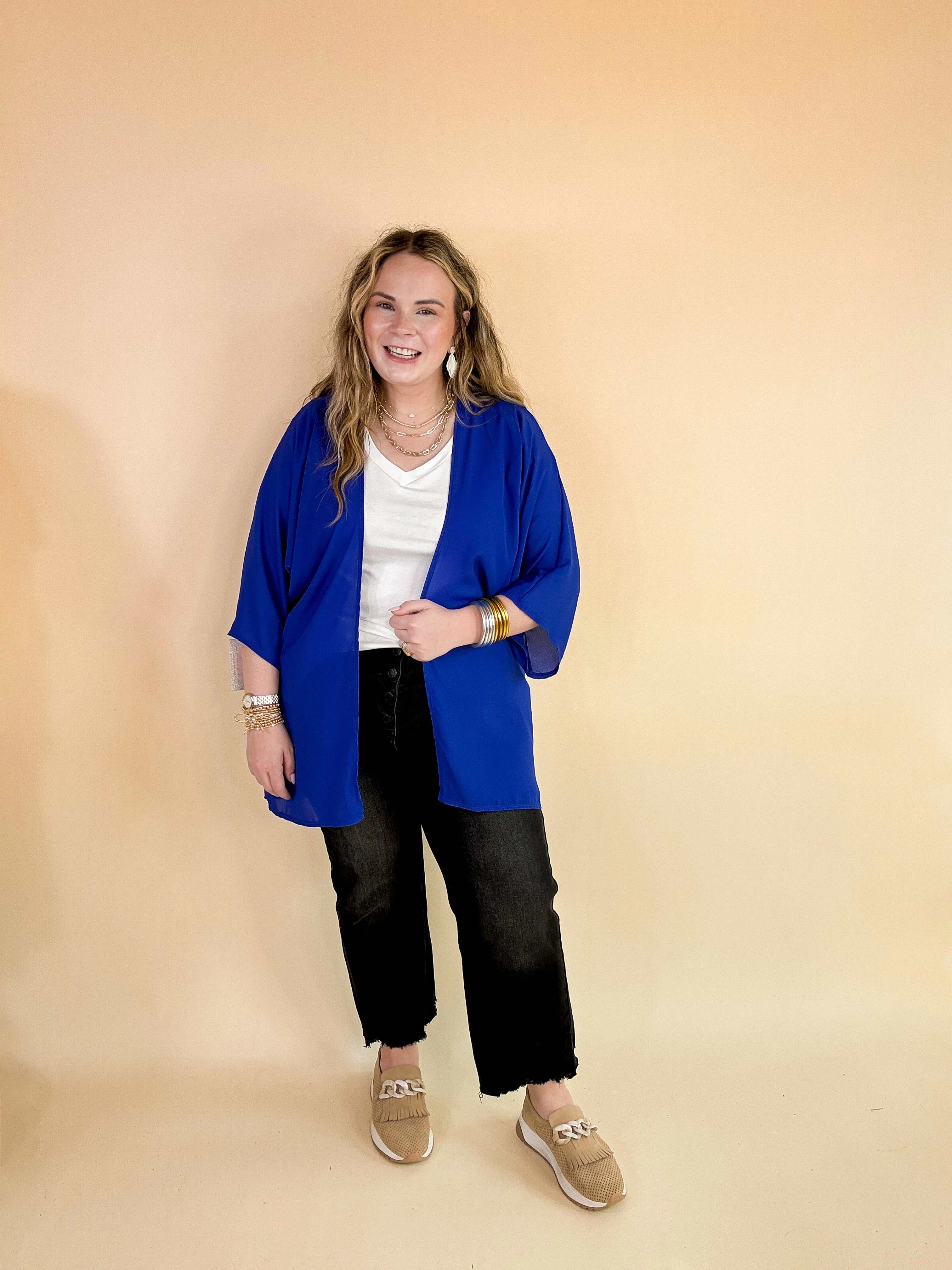 Last Chance Size Small | Like a Melody Solid Sheer Kimono in Royal Blue Sporty Shorts Light Core