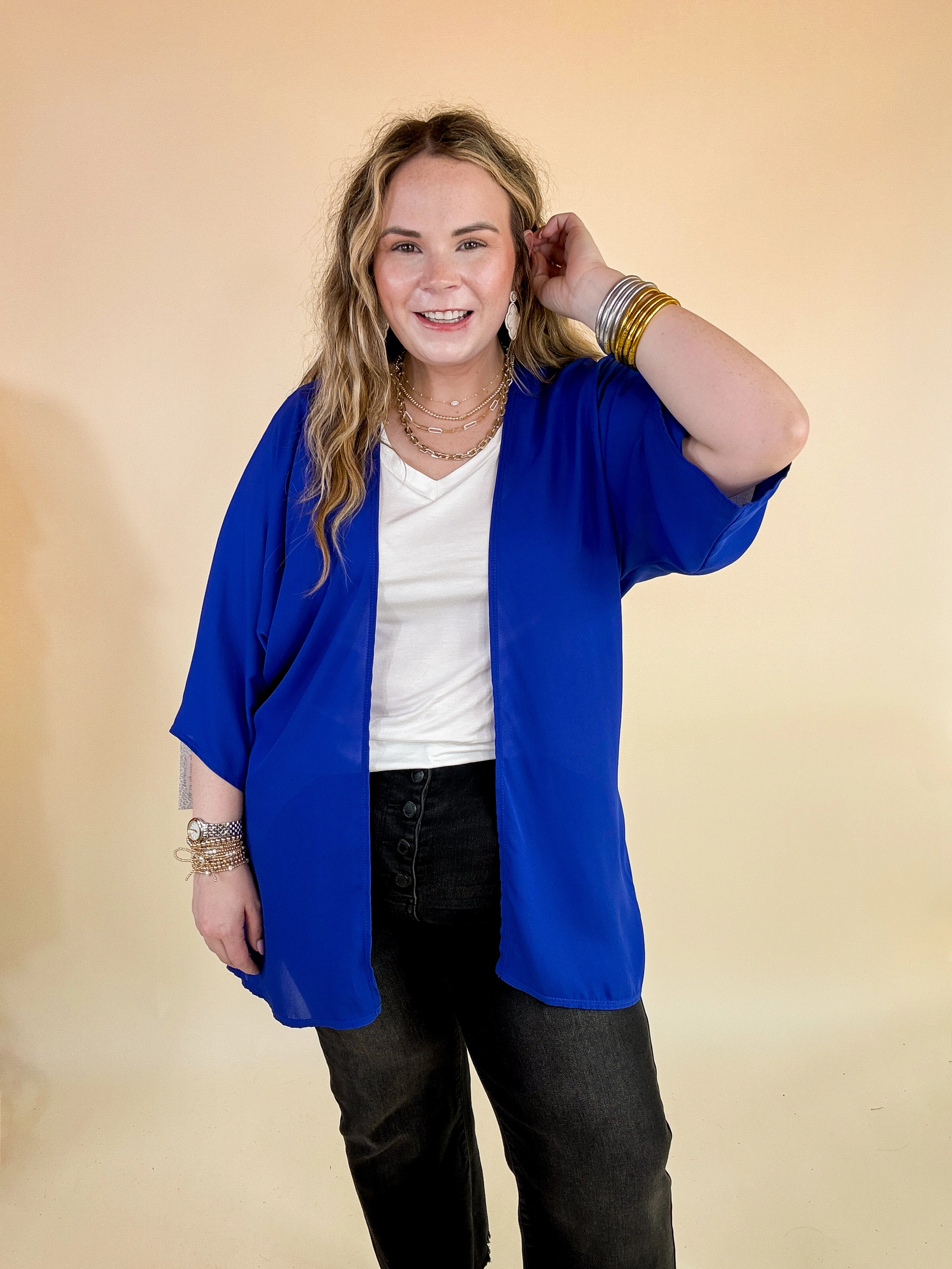 Last Chance Size Small | Like a Melody Solid Sheer Kimono in Royal Blue Trendy Design Functional Fashion