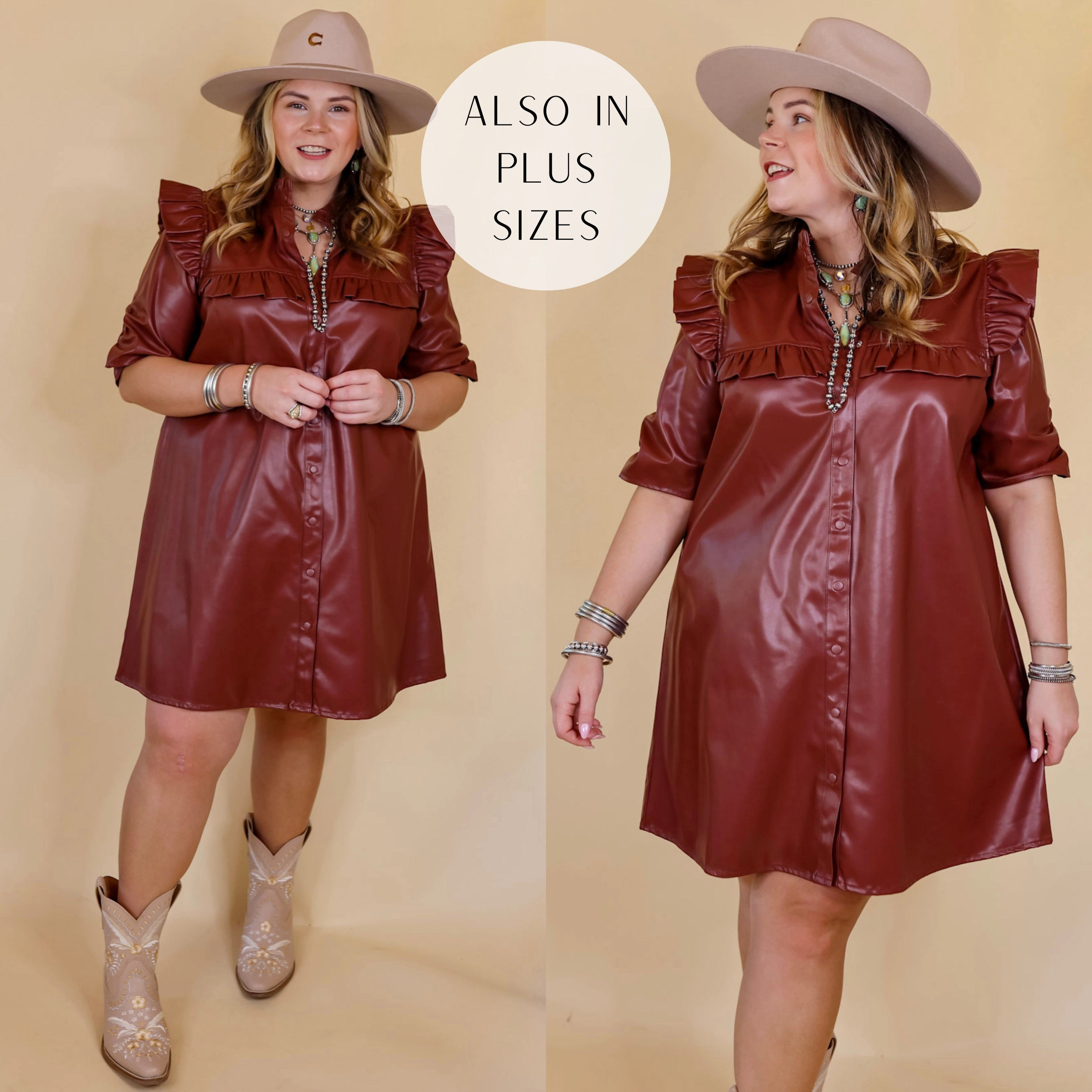 Front Ruffle Beyond The City Button Up Faux Leather Dress with Ruffle Detailing in Brown