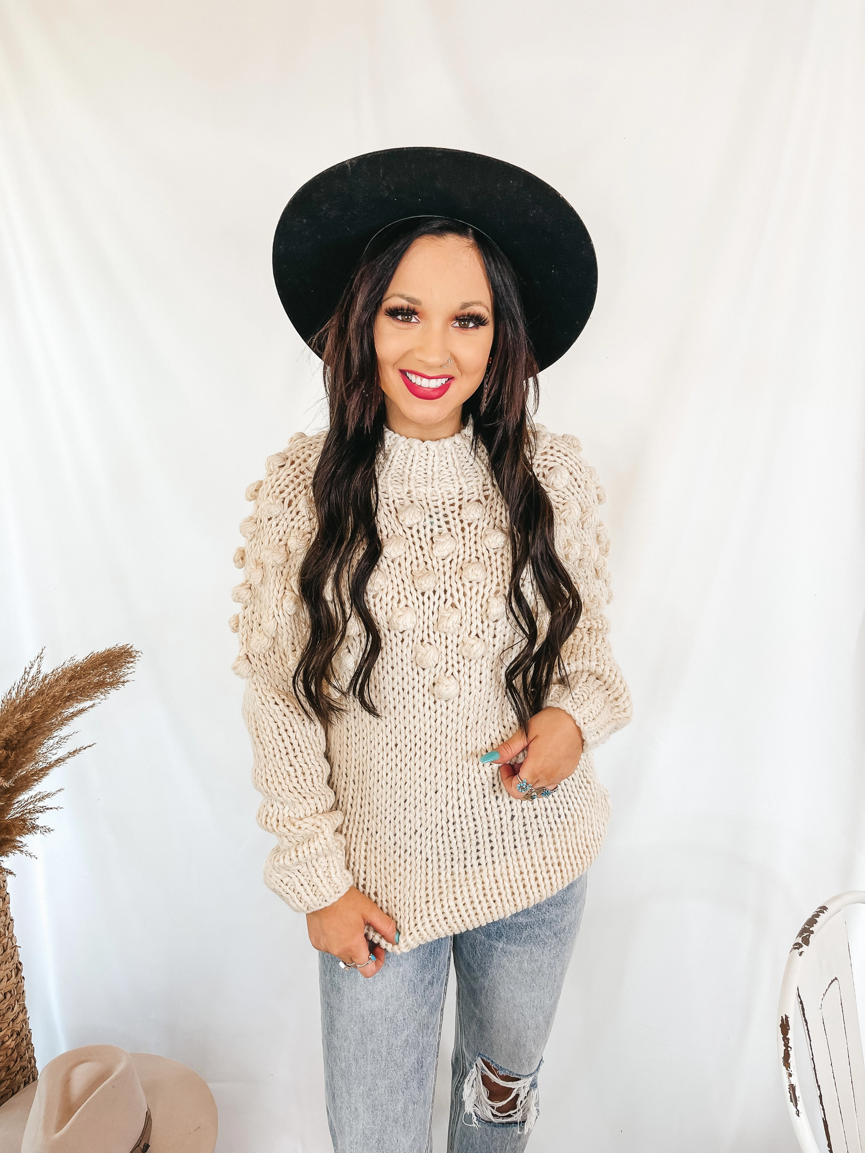 Built In Filter Layer Puff of Magic High Neck Sweater with Pom-Pom Upper in Ivory