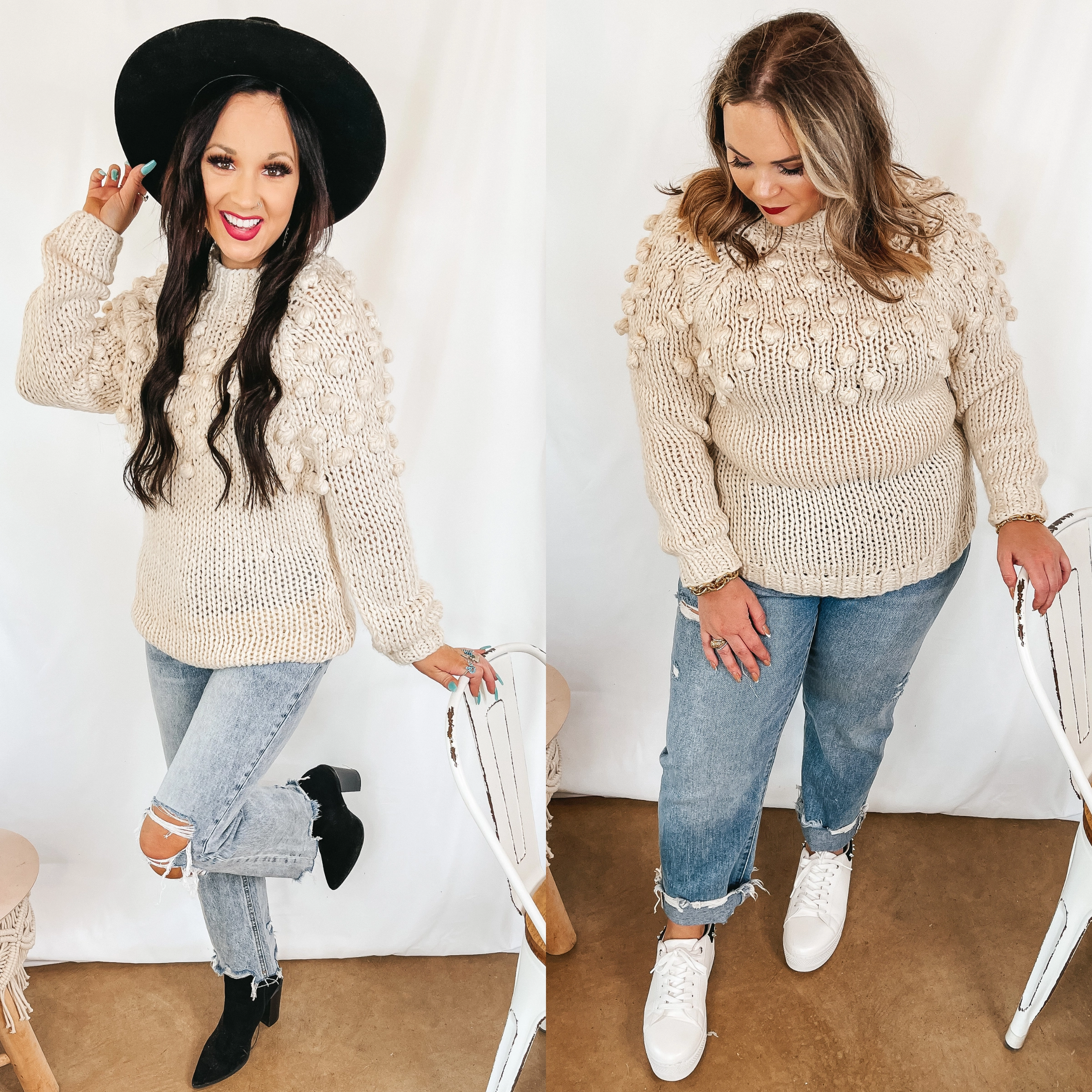 Puff of Magic High Neck Sweater with Pom-Pom Upper in Ivory FadeResistant Coating