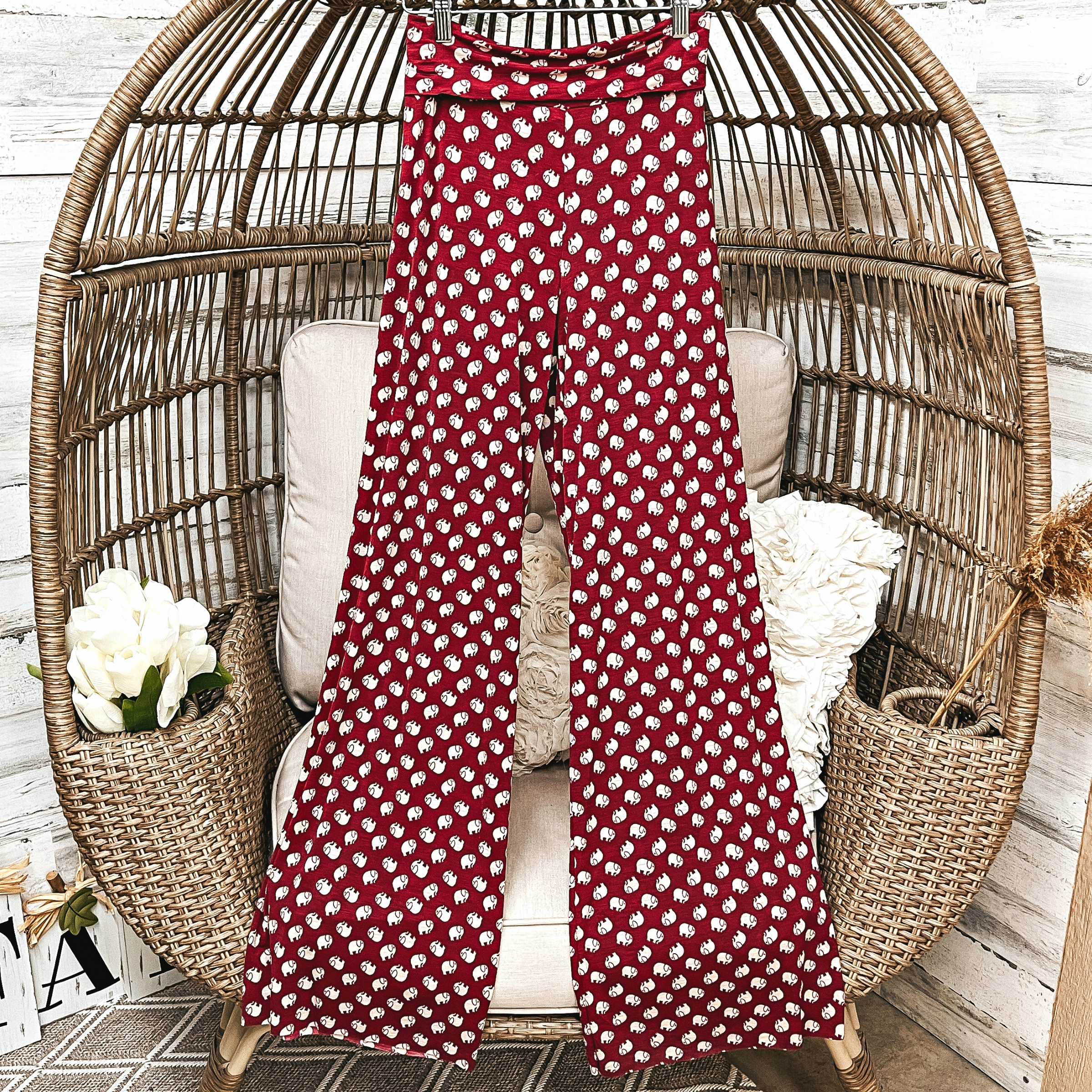 SustainableBlend HighDensityWeave Elephant Print Wide Leg Pants in Maroon and White