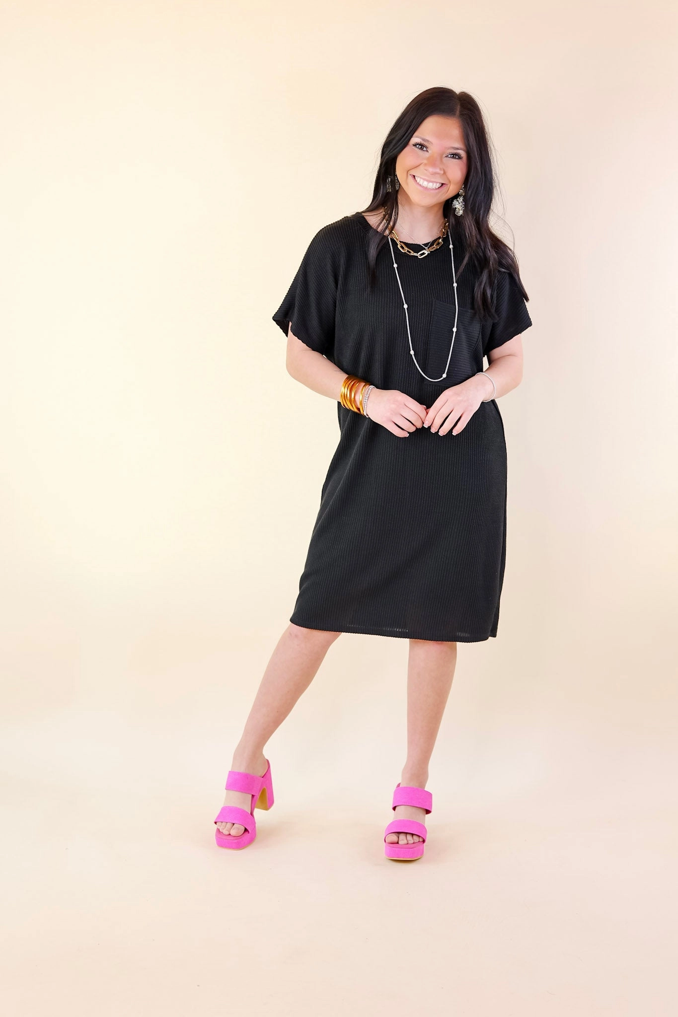 Coffee and Carefree Ribbed Short Sleeve Dress with Front Pocket in Black AbrasionFreeZone Power Vibe