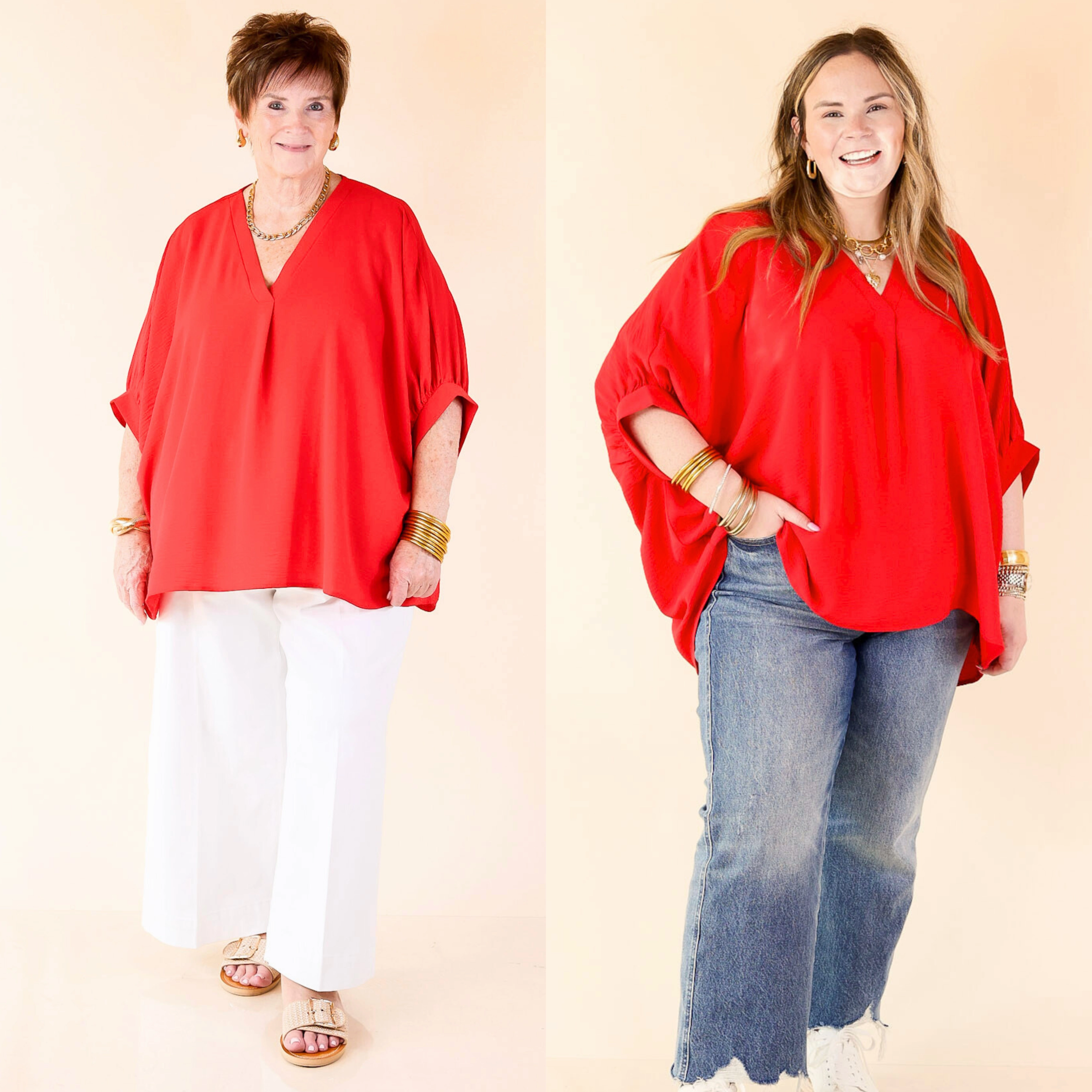 Quality Wear Elevated Basics V Neck Top with Half Sleeves in Ruby