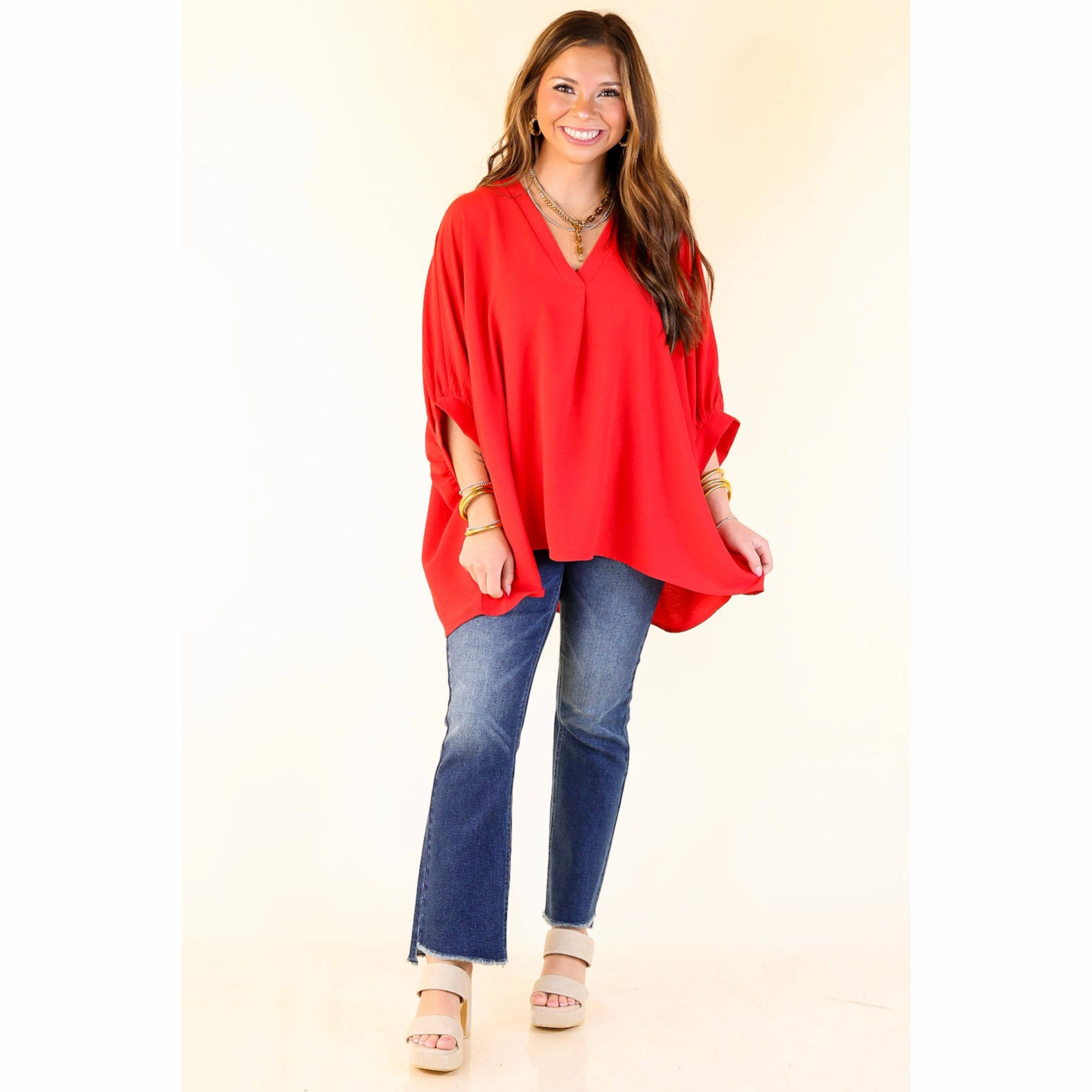Elevated Basics V Neck Top with Half Sleeves in Ruby Chic Design Textured Finish