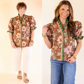 Endless Elegance Ruffled V Neck Floral Print Top in Brown, Mauve and Green Functional Fashion