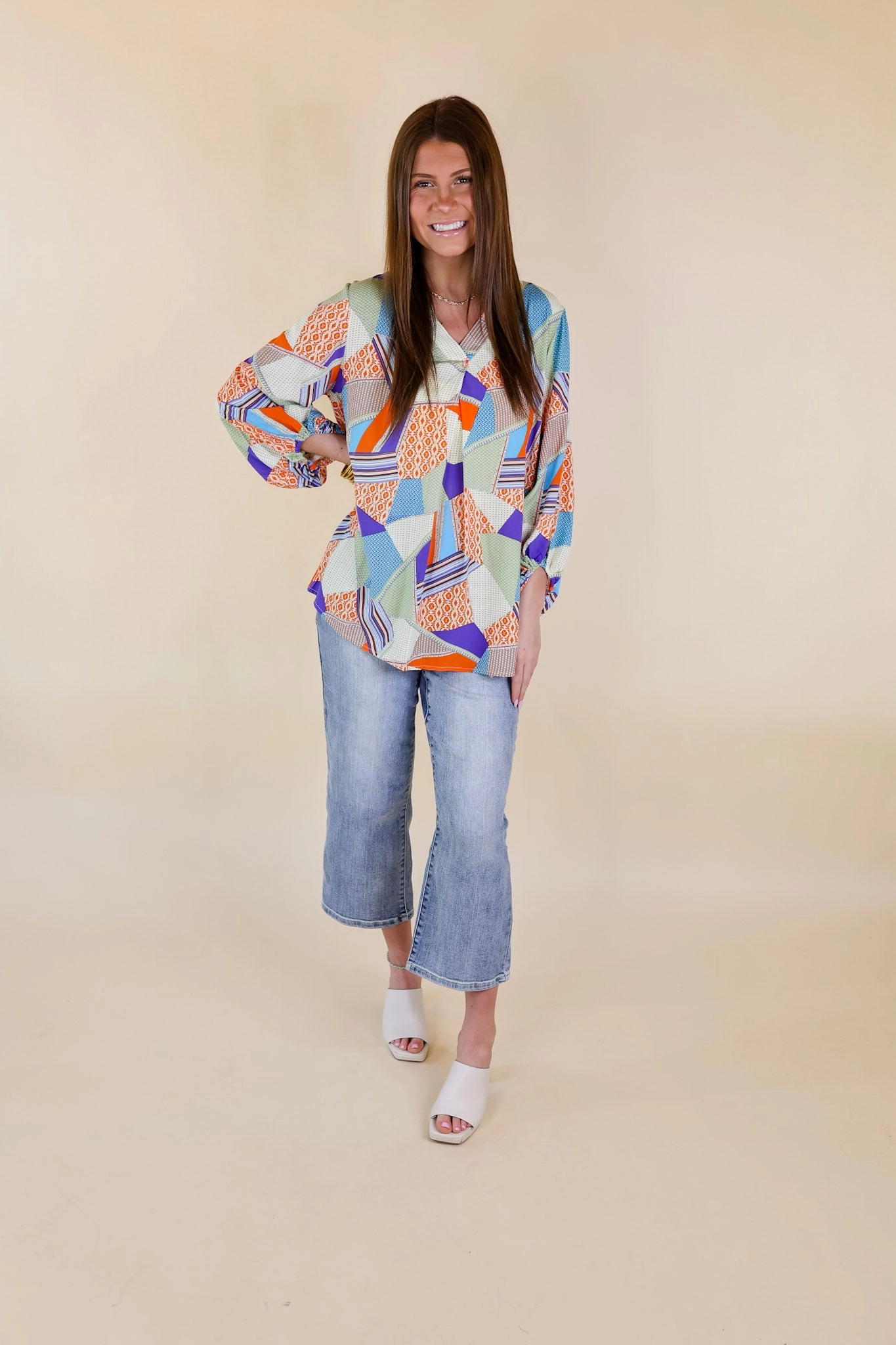 Eyes On Paradise Mix Patch Print Blouse with 3/4 Sleeves in Orange and Blue Mix FadeResistant Color Urban Pulse