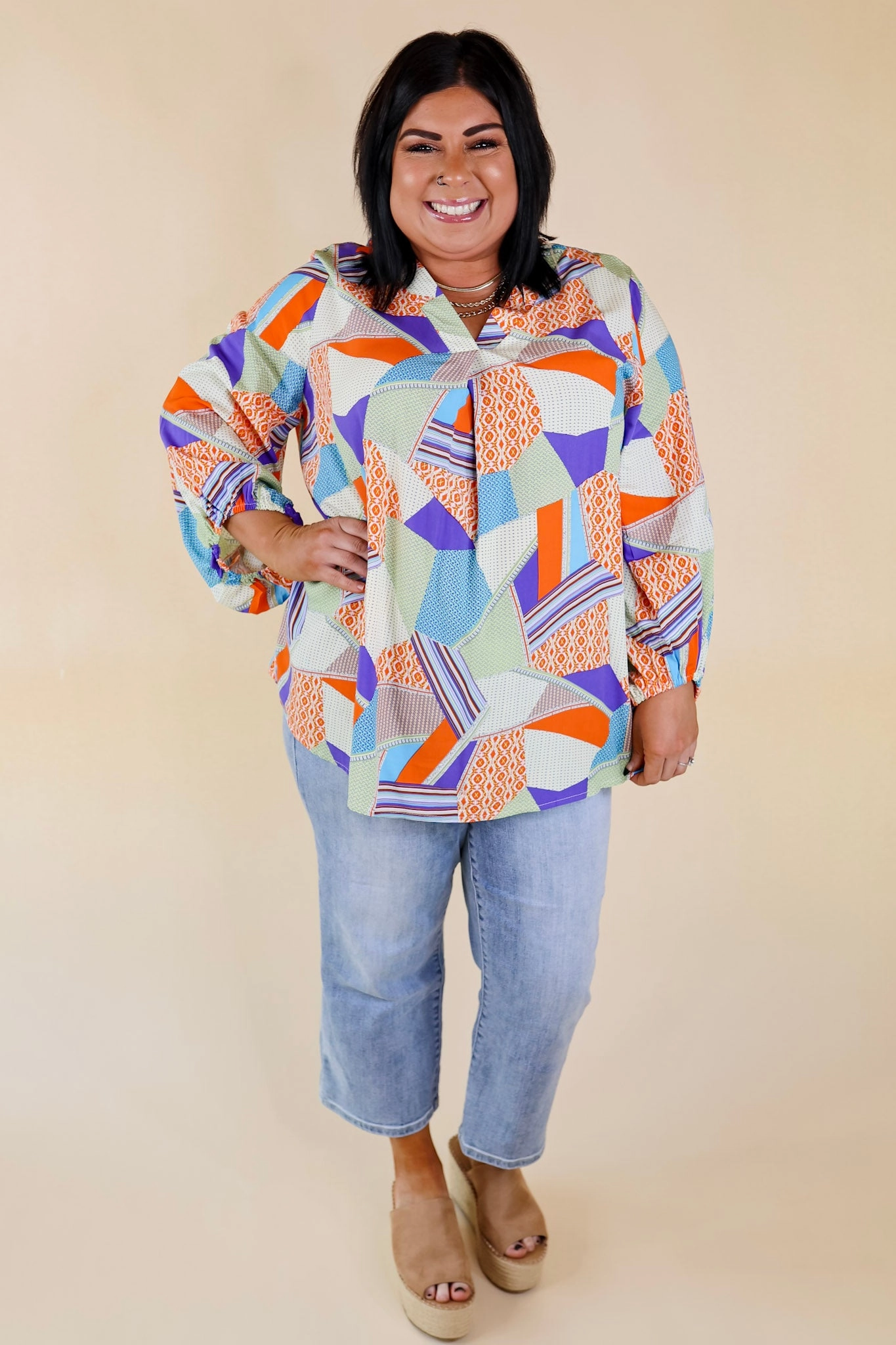 Everyday Comfort Eyes On Paradise Mix Patch Print Blouse with 3/4 Sleeves in Orange and Blue Mix