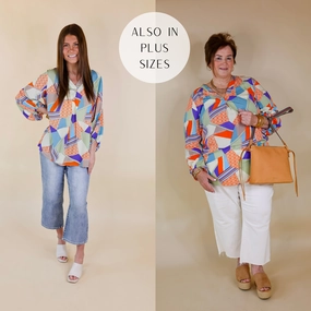 Eyes On Paradise Mix Patch Print Blouse with 3/4 Sleeves in Orange and Blue Mix Smart Look