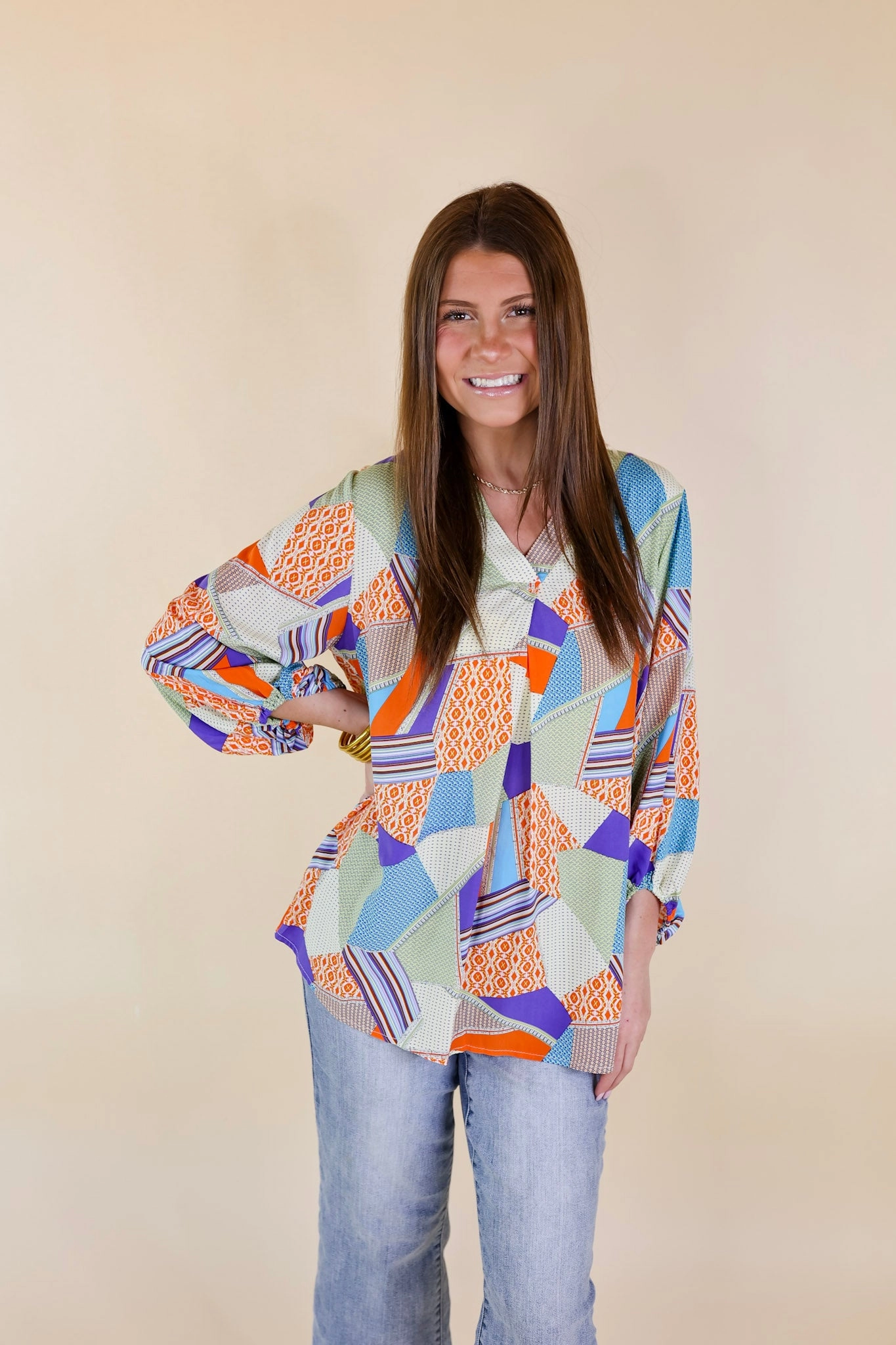 AllSeasonWear Eyes On Paradise Mix Patch Print Blouse with 3/4 Sleeves in Orange and Blue Mix