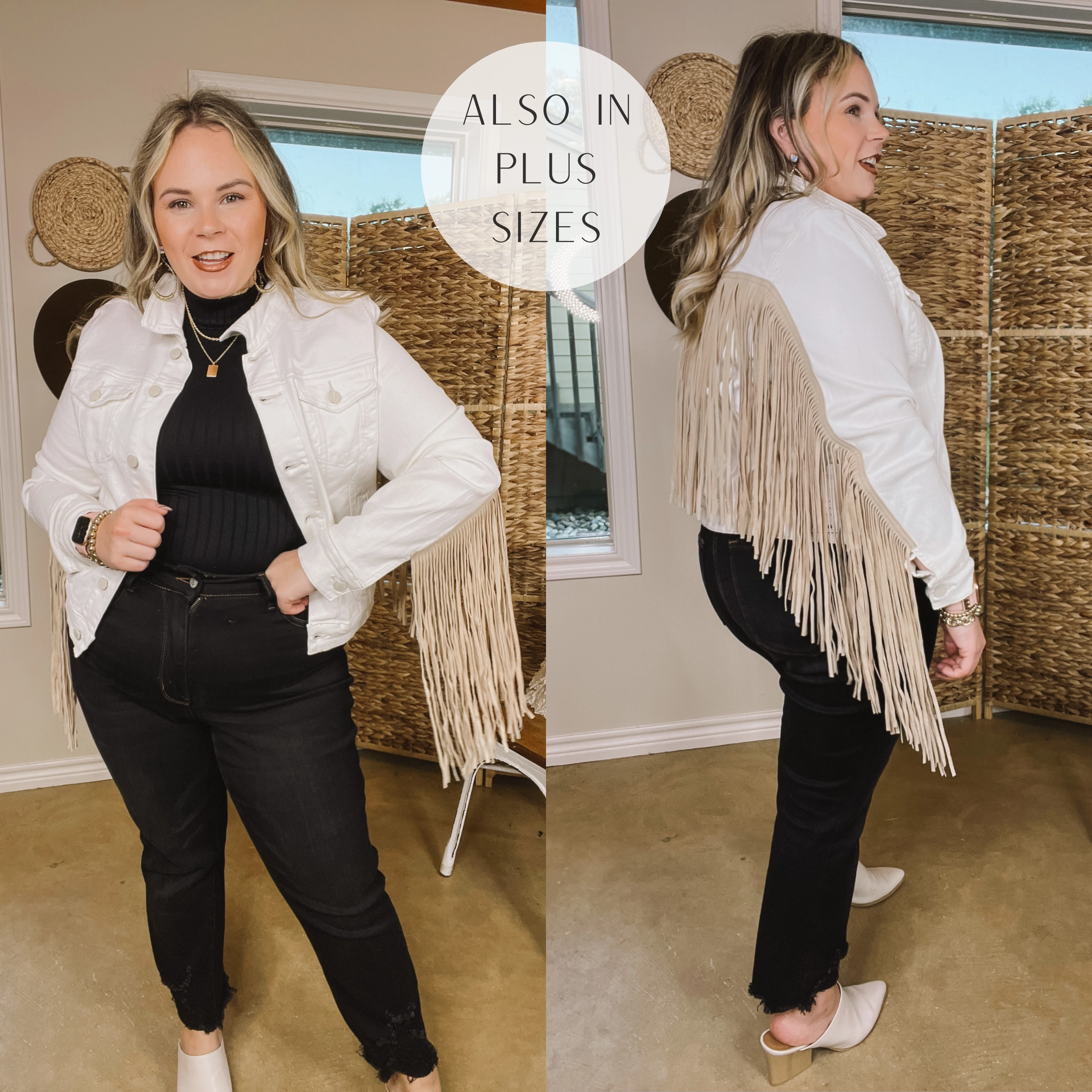 Judy Blue | Living For Love Button Up Denim Jacket with Fringe in White Casual Pants