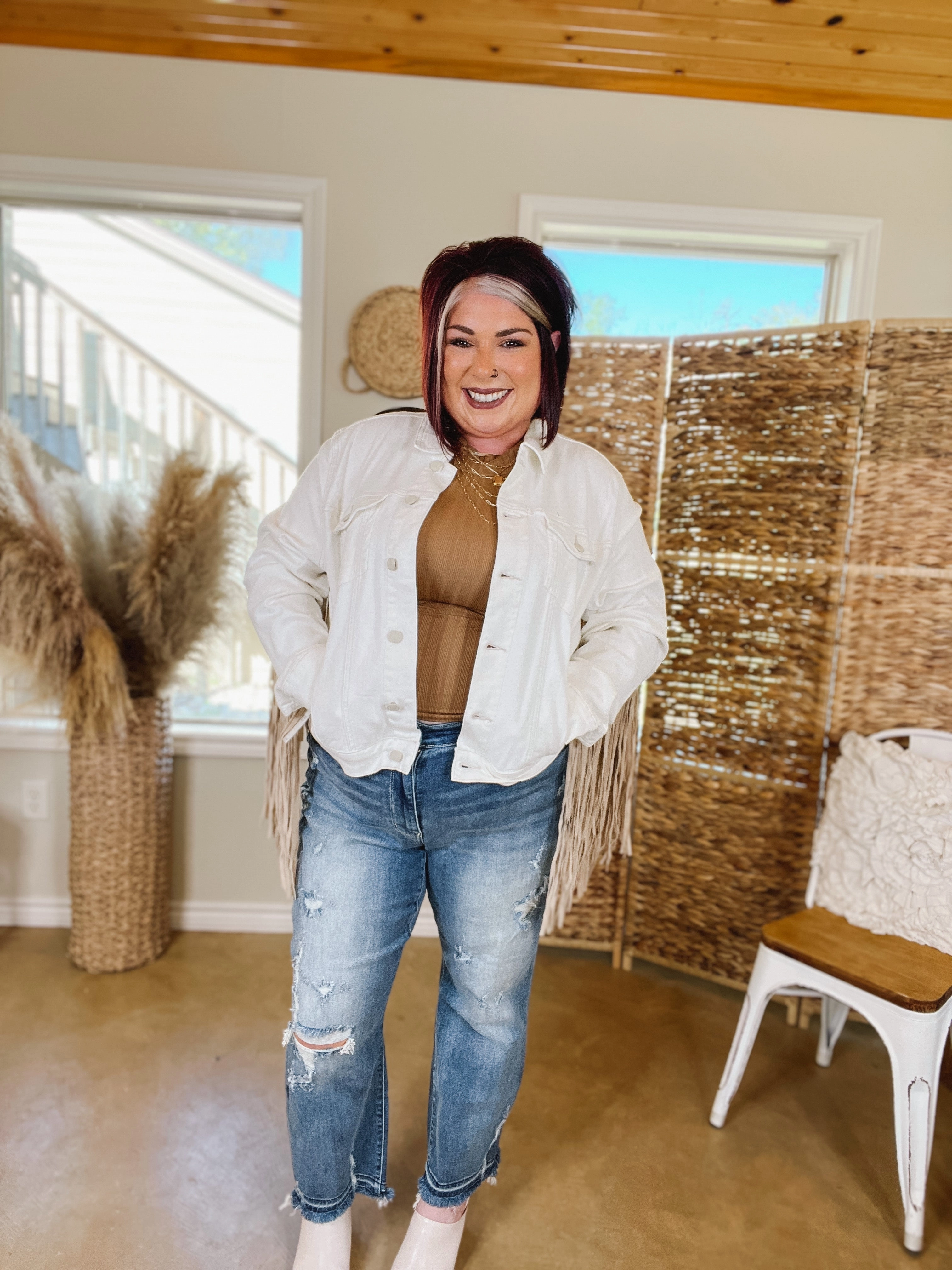 Desk Style Athleisure Cool Judy Blue | Living For Love Button Up Denim Jacket with Fringe in White