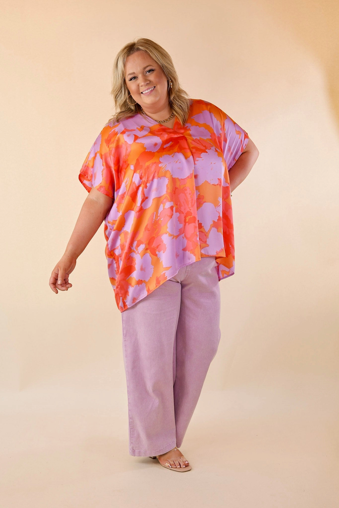 Raw Linen Weekend Out V Neck Short Sleeve Top in Orange and Purple