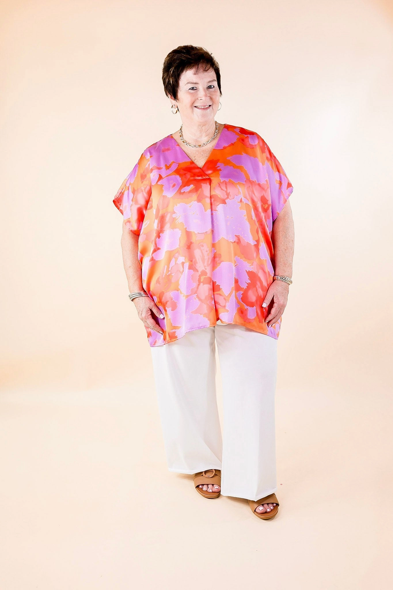 Tough Core Weekend Out V Neck Short Sleeve Top in Orange and Purple