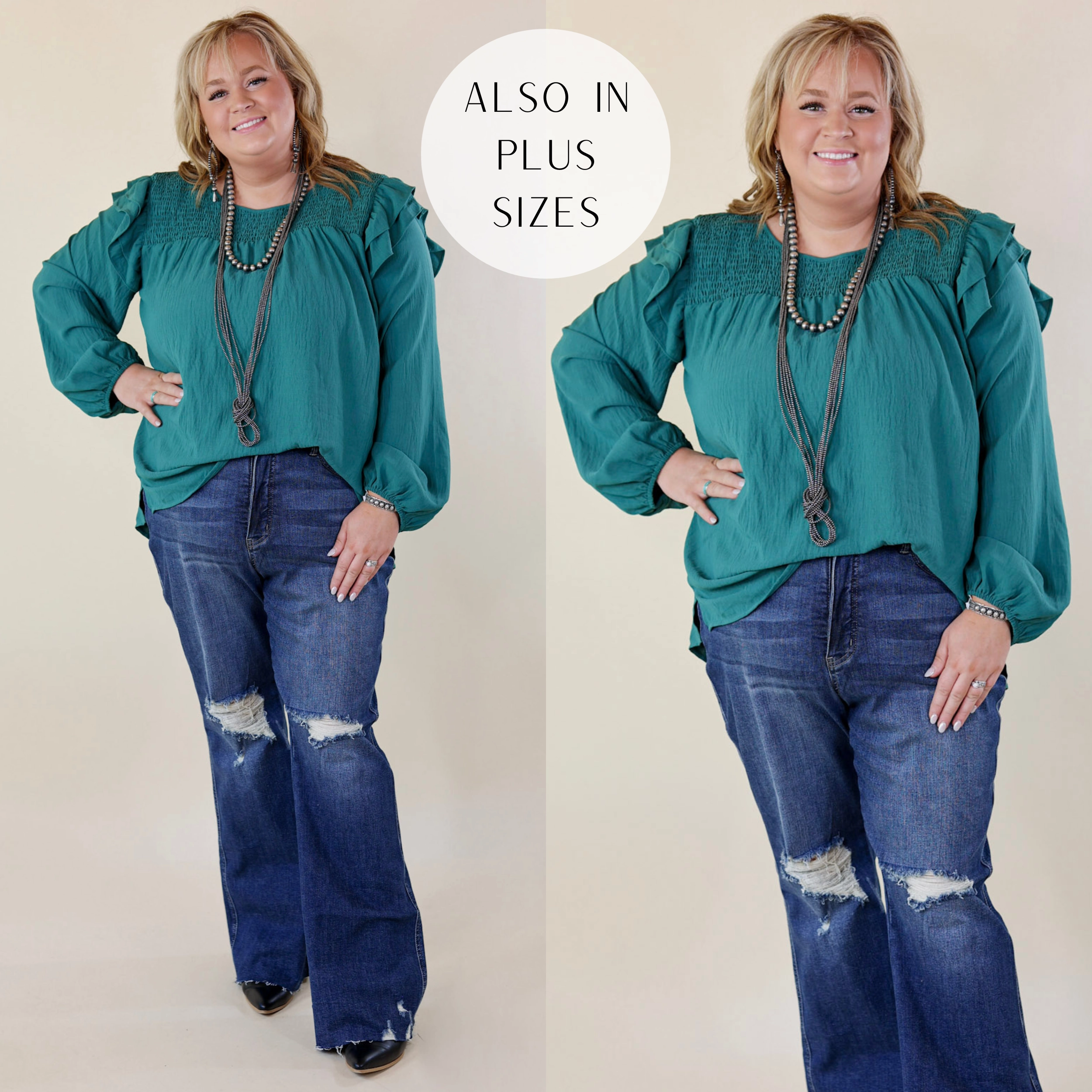 Hero Fit Last Chance Size Small, Medium, 2XL, 3XL | Balcony Nights Ruffle Shoulder Long Sleeve Blouse in Teal