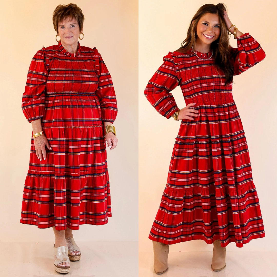 Mud Pie | Walton Smocked Bodice Long Sleeve Plaid Midi Dress with Tiered Skirt in Red Casual weekend dress Chic Rhythm