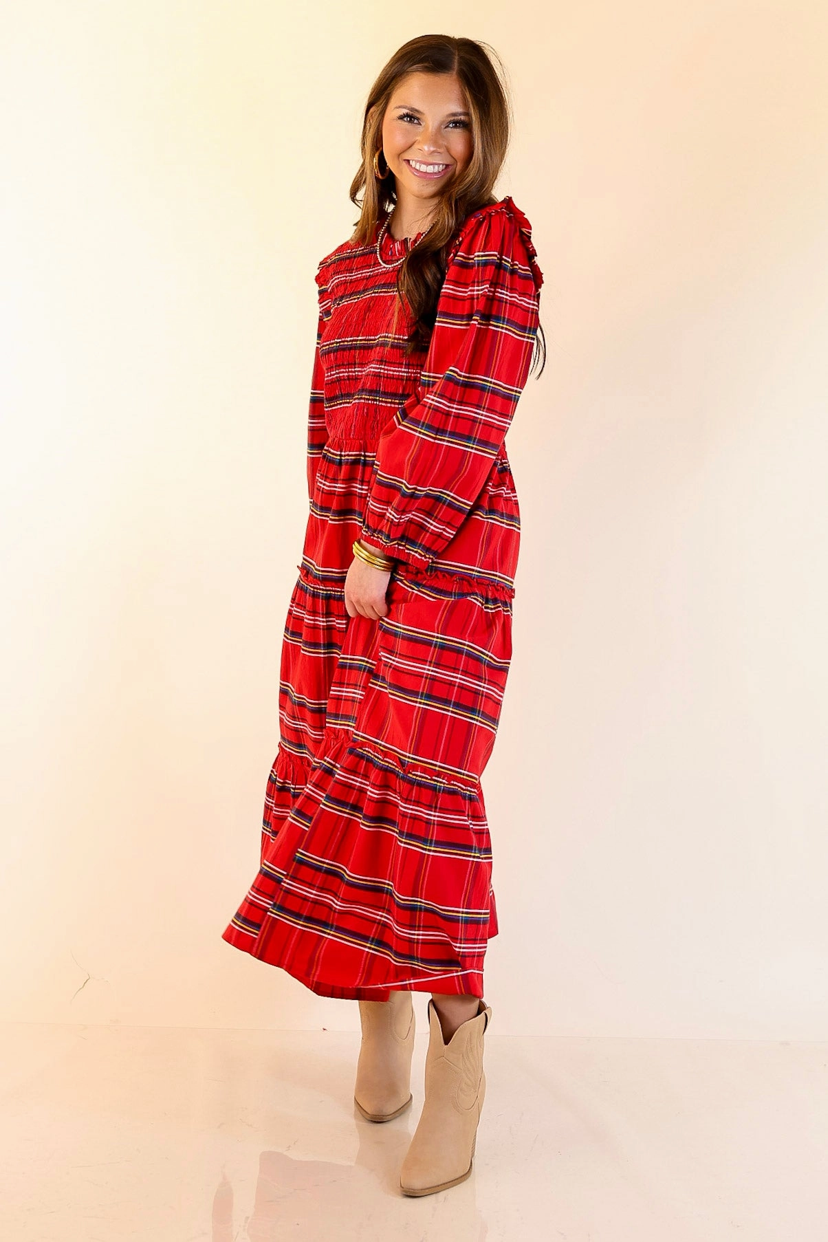 Layerable Piece Mud Pie | Walton Smocked Bodice Long Sleeve Plaid Midi Dress with Tiered Skirt in Red