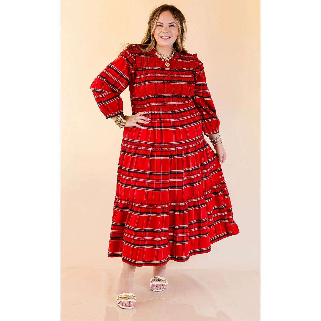 Casual Edge Smart And Comfortable Mud Pie | Walton Smocked Bodice Long Sleeve Plaid Midi Dress with Tiered Skirt in Red