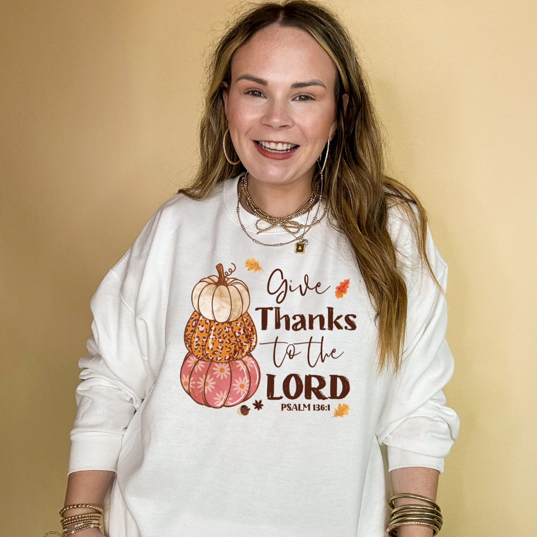 Online Exclusive | Give Thanks to the Lord Psalm 136:1 Stack of Pumpkins Graphic Sweatshirt in Multiple Color Options Fade Resistant Print