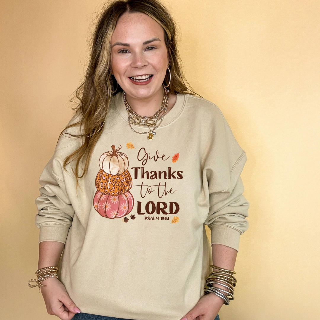 Comfortable All Day Wear Online Exclusive | Give Thanks to the Lord Psalm 136:1 Stack of Pumpkins Graphic Sweatshirt in Multiple Color Options