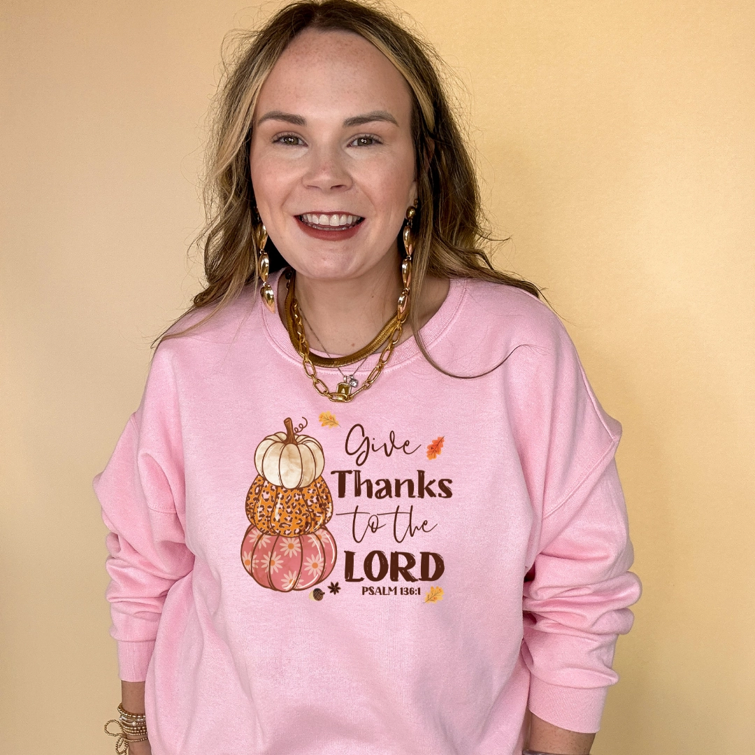 Cozy and Fashionable Online Exclusive | Give Thanks to the Lord Psalm 136:1 Stack of Pumpkins Graphic Sweatshirt in Multiple Color Options