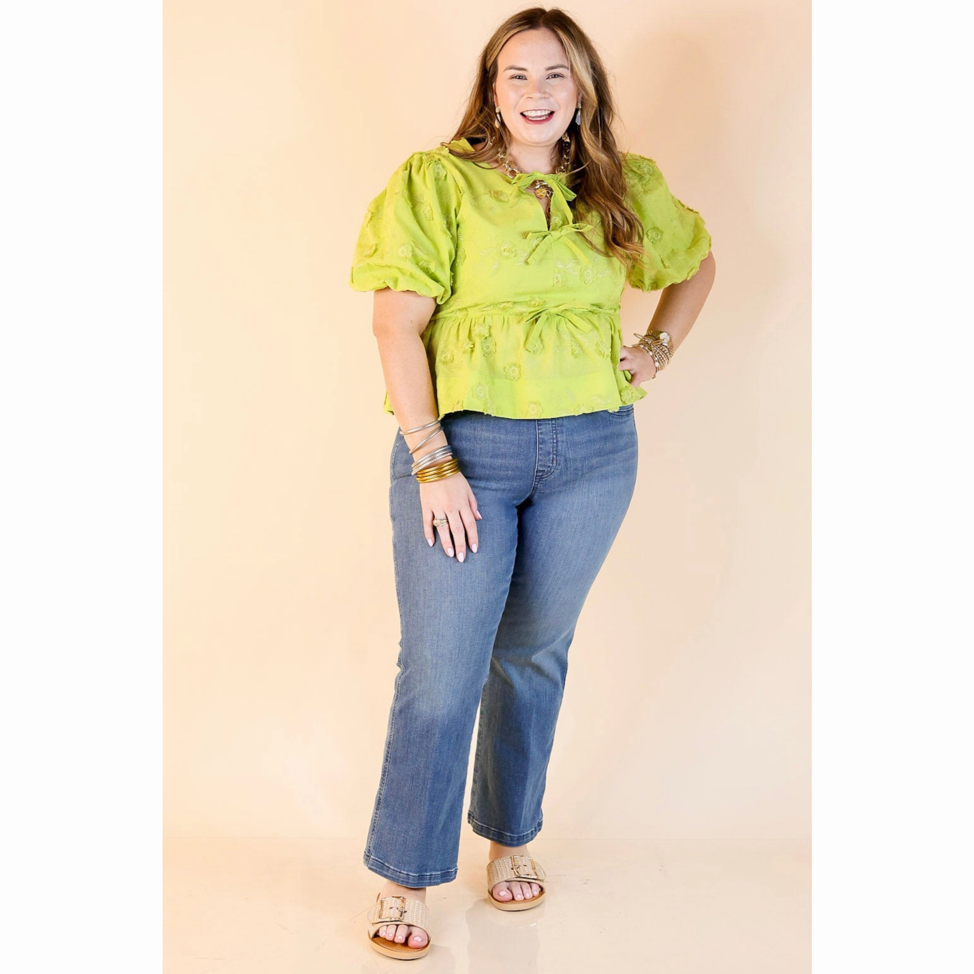 RibbedTrims FourWay Stretch Everyday Charm Floral Embroidered Top with Short Puff Sleeves and Bows in Apple Green