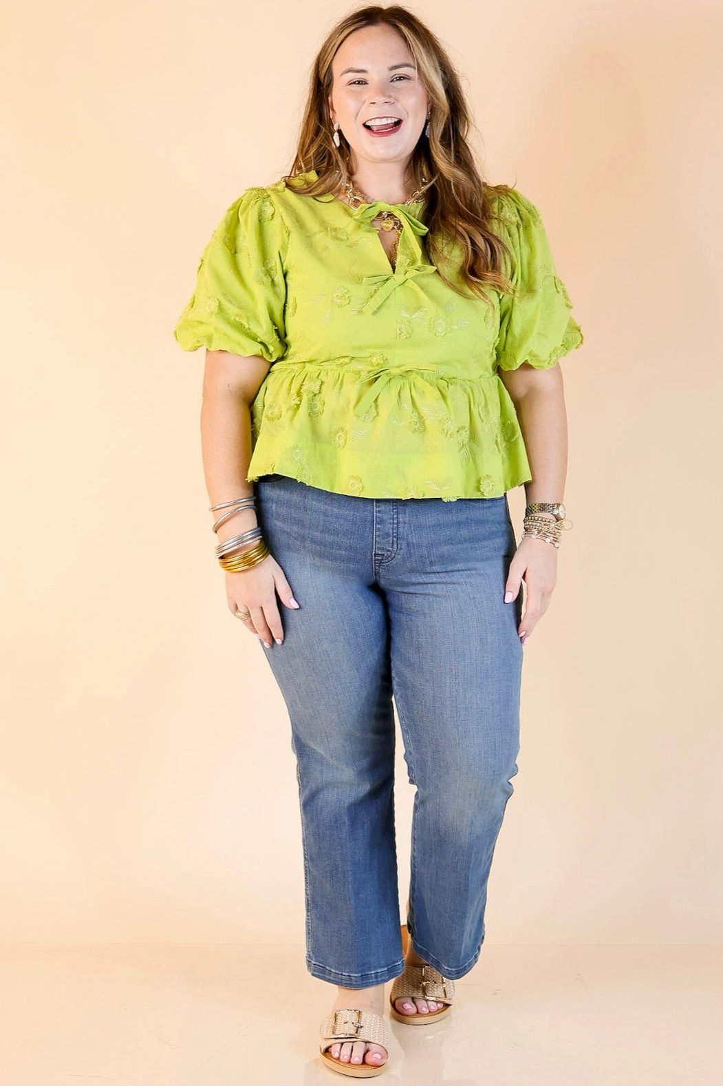 UltraSoftInterior Yarn Dyed Fabric Everyday Charm Floral Embroidered Top with Short Puff Sleeves and Bows in Apple Green