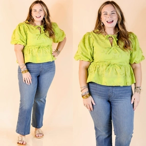 Ventilated Mesh Panels Everyday Charm Floral Embroidered Top with Short Puff Sleeves and Bows in Apple Green