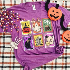 Stretchable Armholes Light Wear Online Exclusive | Halloween Cartoon Stamps Short Sleeve Graphic Tee in Heather Purple
