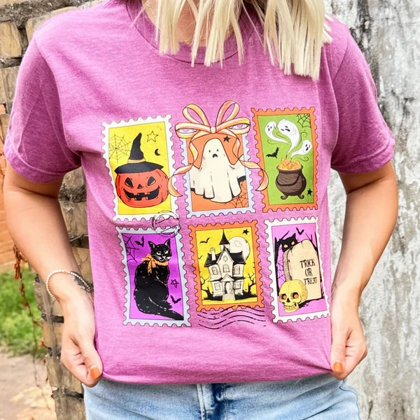 Cool Weather Wear Online Exclusive | Halloween Cartoon Stamps Short Sleeve Graphic Tee in Heather Purple