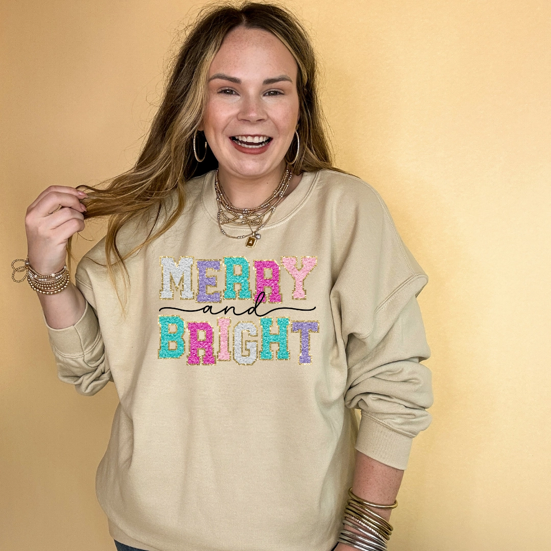 Moisture Management Comfortable And Trendy Online Exclusive | Merry and Bright Faux Chenille Letters Graphic Sweatshirt in Multiple Color Options